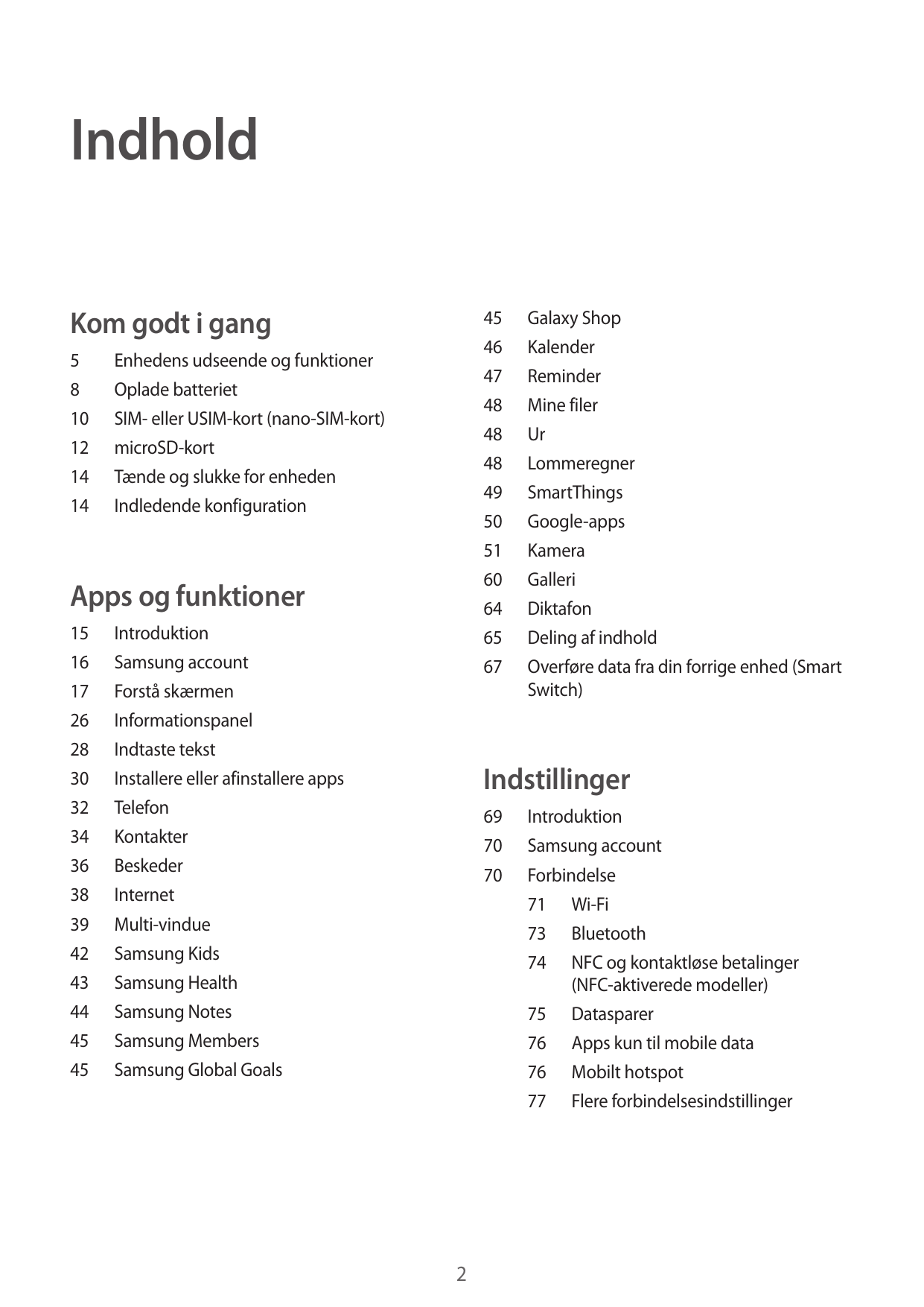 IndholdKom godt i gang581012141445 Galaxy Shop46Kalender47Reminder48 Mine filer48Ur48Lommeregner49SmartThings50 Google-apps51Kam