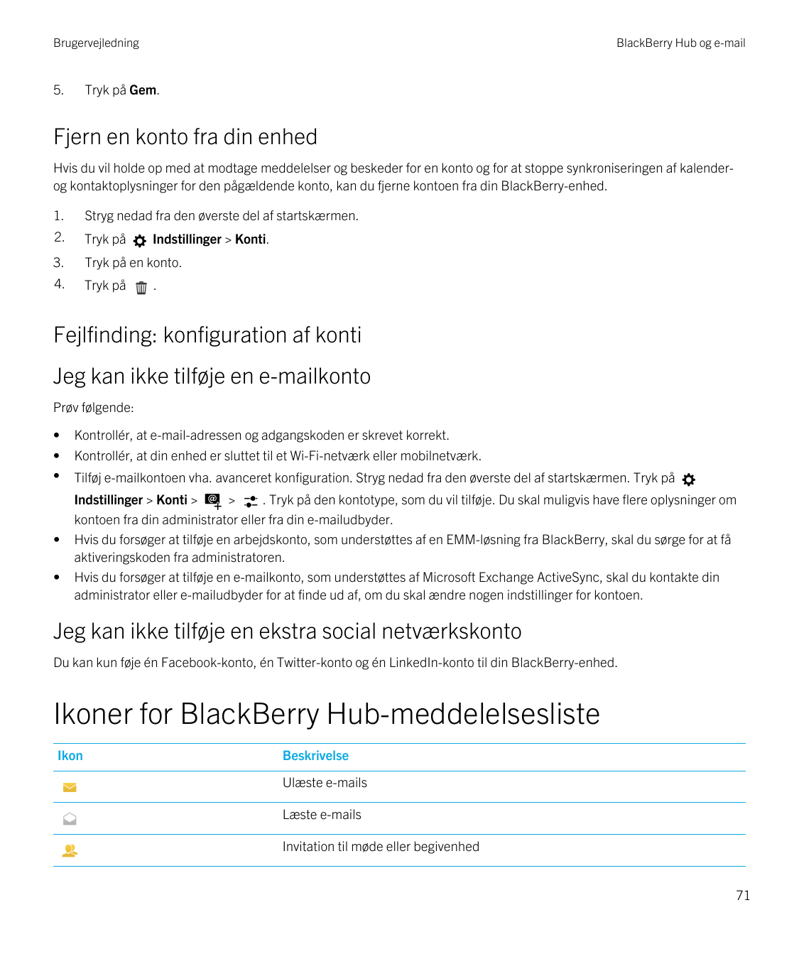 Brugervejledning5.BlackBerry Hub og e-mailTryk på Gem.Fjern en konto fra din enhedHvis du vil holde op med at modtage meddelelse