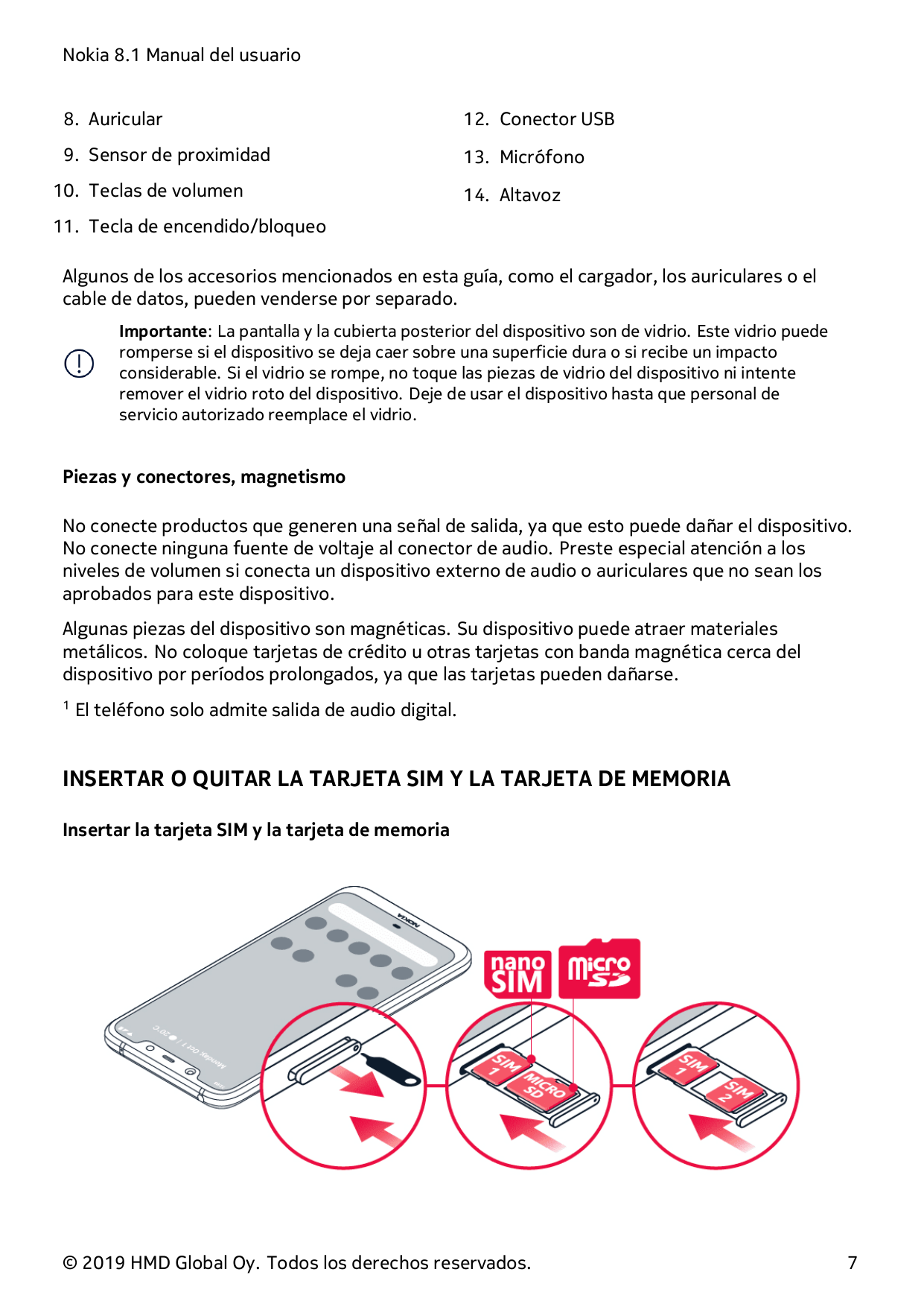 Nokia 8.1 Manual del usuario8. Auricular12. Conector USB9. Sensor de proximidad13. Micrófono10. Teclas de volumen14. Altavoz11. 