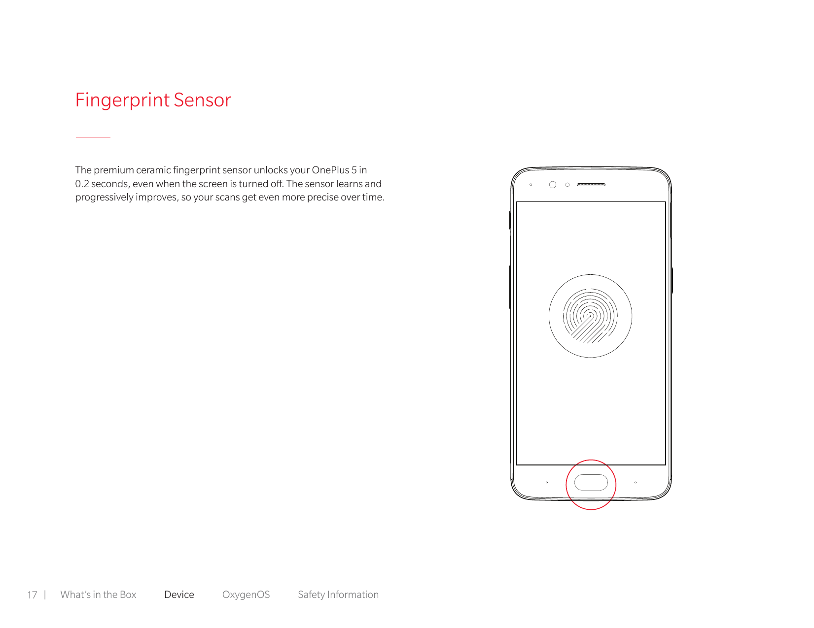 Fingerprint SensorThe premium ceramic fingerprint sensor unlocks your OnePlus 5 in0.2 seconds, even when the screen is turned of