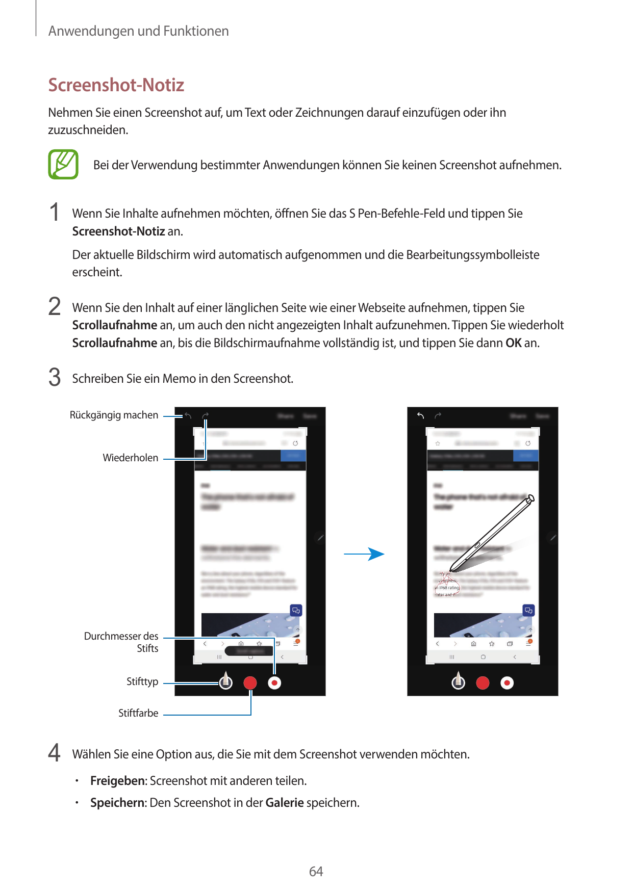 Anwendungen und FunktionenScreenshot-NotizNehmen Sie einen Screenshot auf, um Text oder Zeichnungen darauf einzufügen oder ihnzu