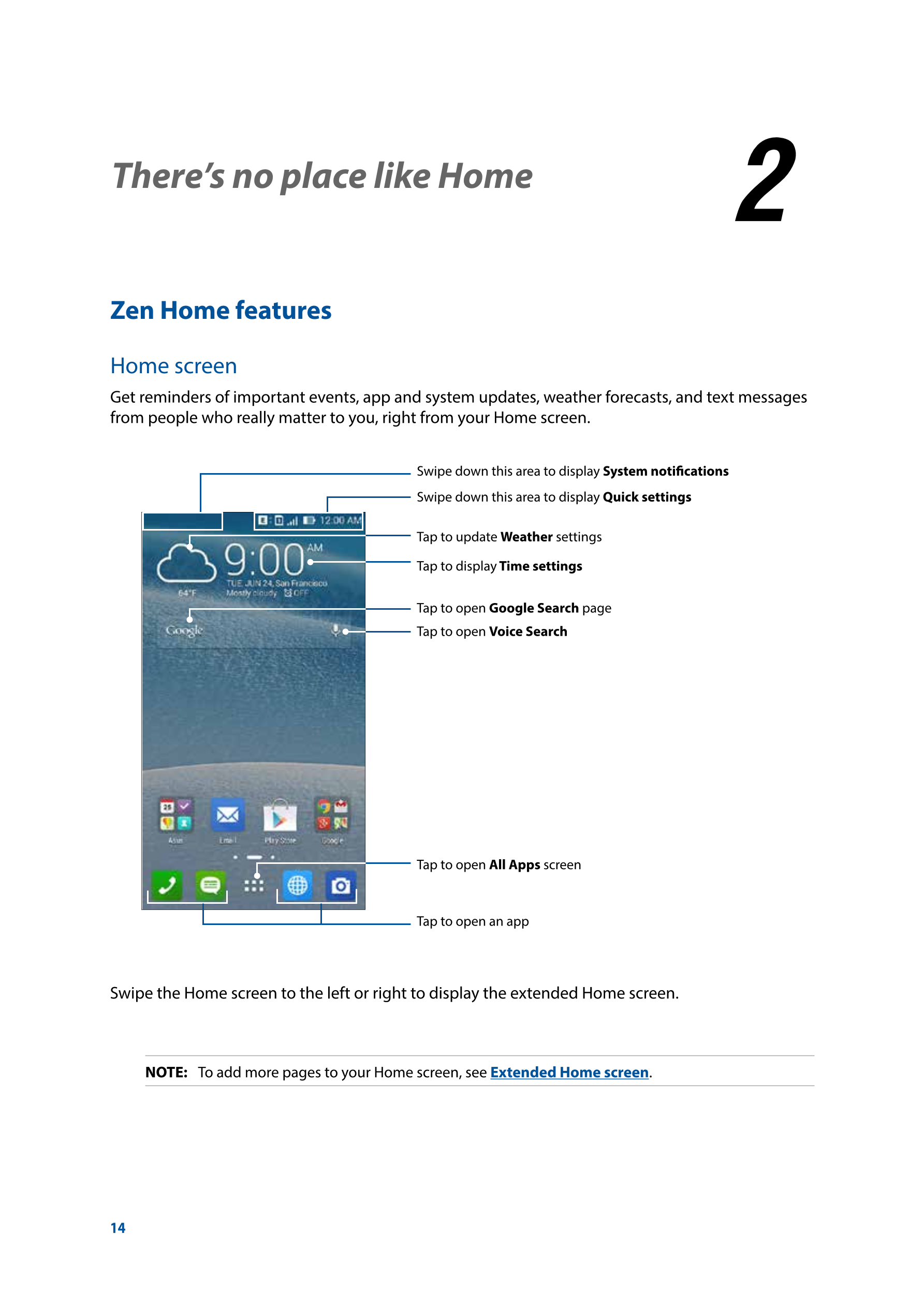 2  There’s no place like Home
There’s no place like Home 2
Zen Home features
Home screen
Get reminders of important events, app 