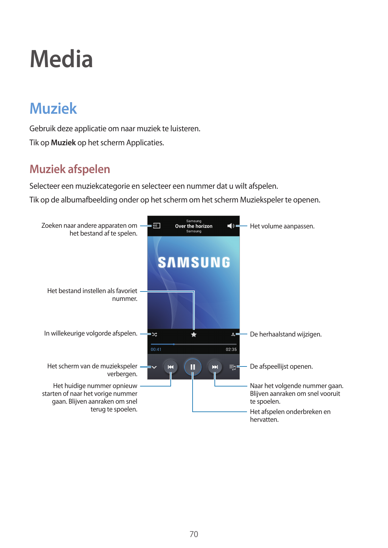 MediaMuziekGebruik deze applicatie om naar muziek te luisteren.Tik op Muziek op het scherm Applicaties.Muziek afspelenSelecteer 