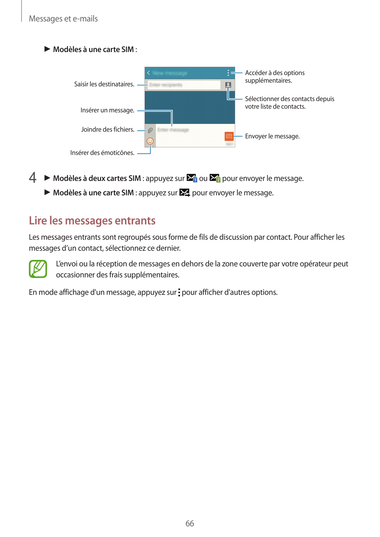 Messages et e-mails► Modèles à une carte SIM :Accéder à des optionssupplémentaires.Saisir les destinataires.Sélectionner des con