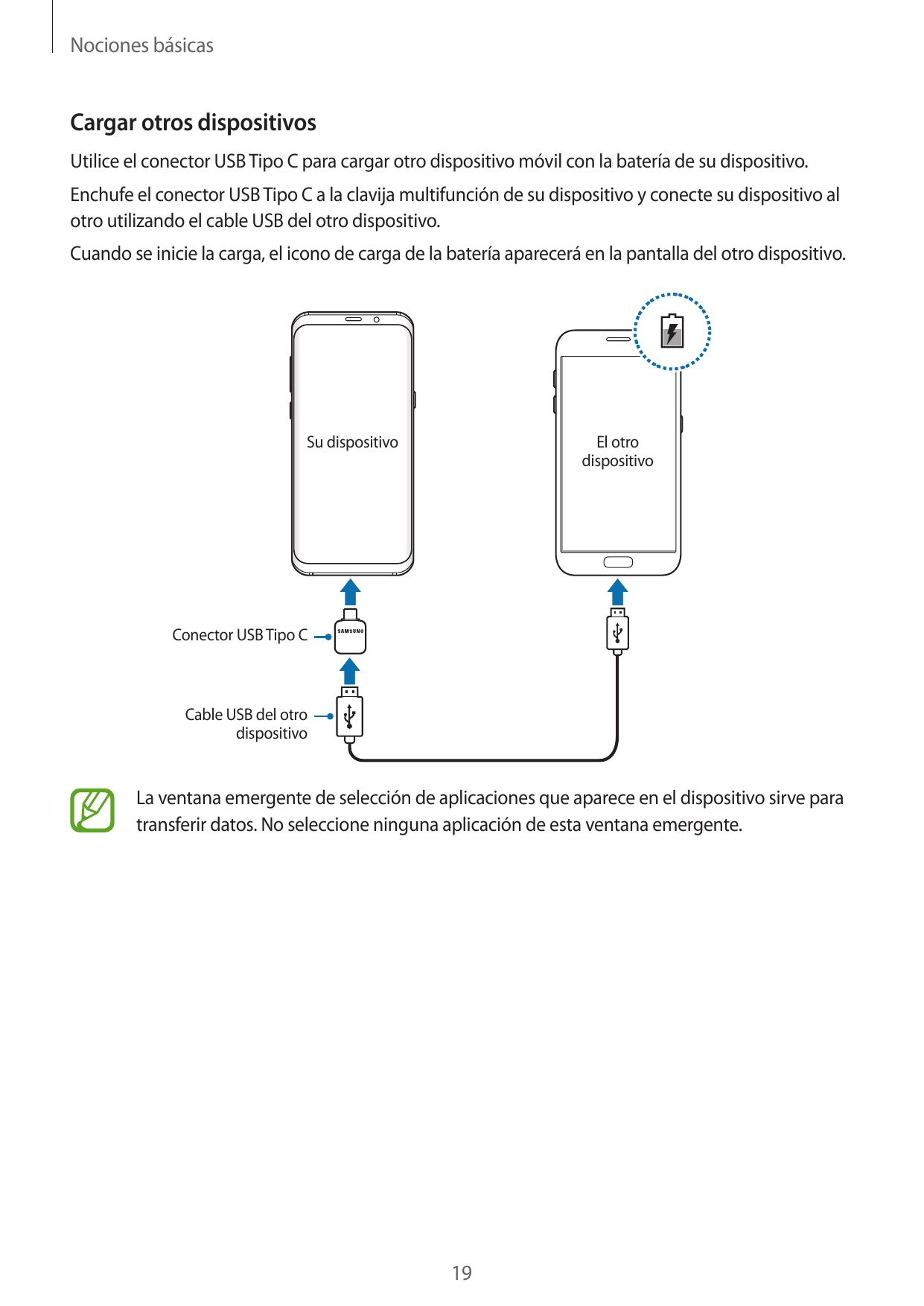 Nociones básicasCargar otros dispositivosUtilice el conector USB Tipo C para cargar otro dispositivo móvil con la batería de su 