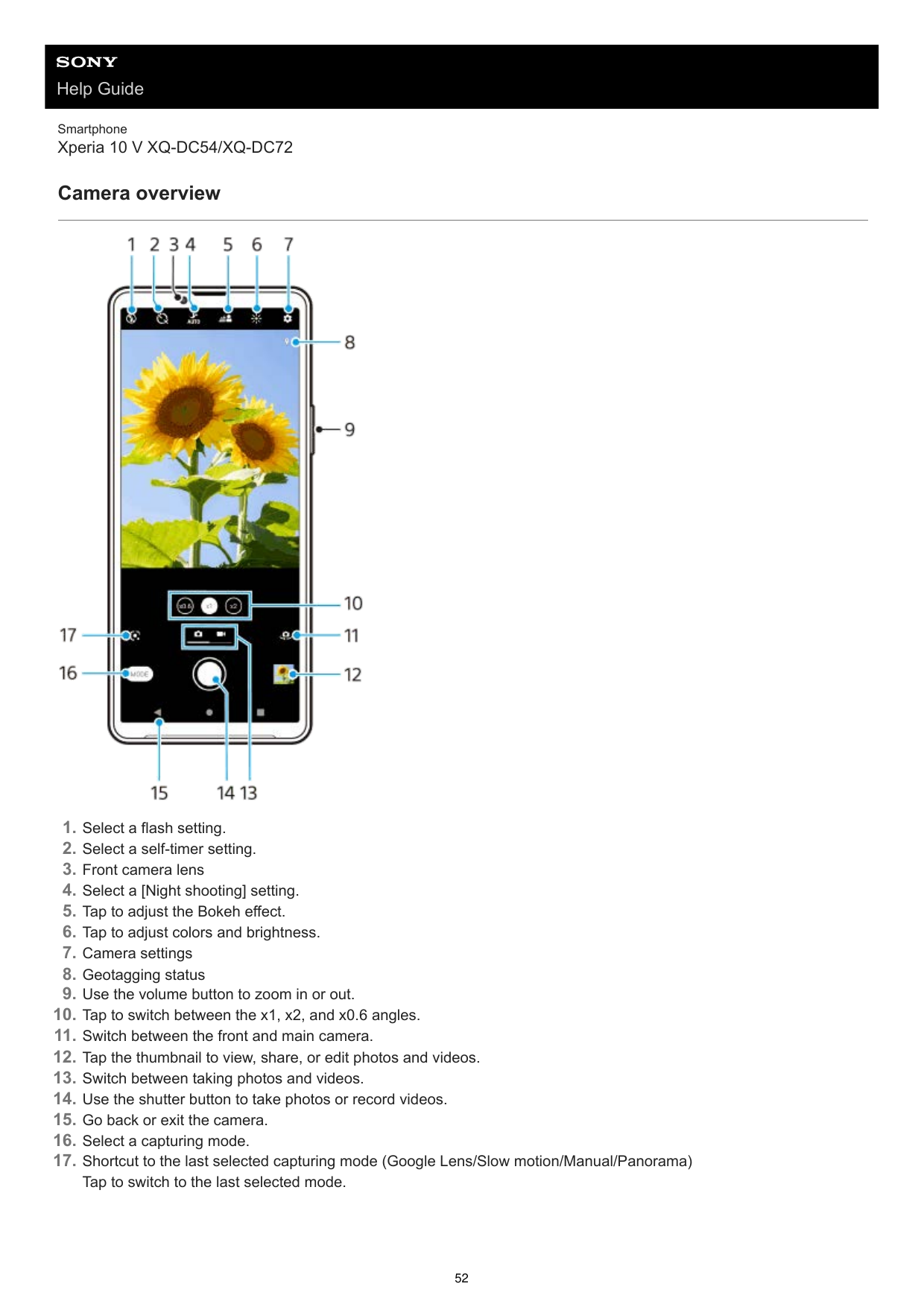 Help GuideSmartphoneXperia 10 V XQ-DC54/XQ-DC72Camera overview1.2.3.4.5.6.7.8.9.10.11.12.13.14.15.16.17.Select a flash setting.S