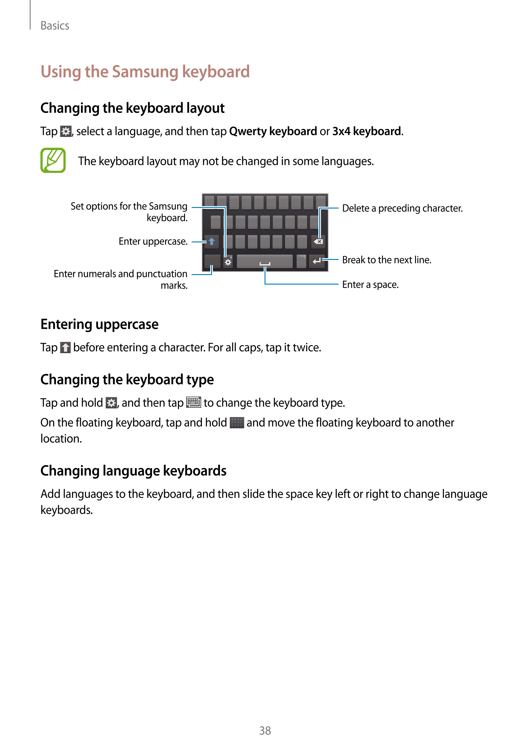 Basics
Using the Samsung keyboard
Changing the keyboard layout
Tap  , select a language, and then tap  Qwerty keyboard or  3x4 k