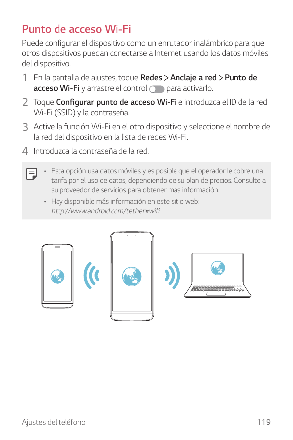 Punto de acceso Wi-FiPuede configurar el dispositivo como un enrutador inalámbrico para queotros dispositivos puedan conectarse 