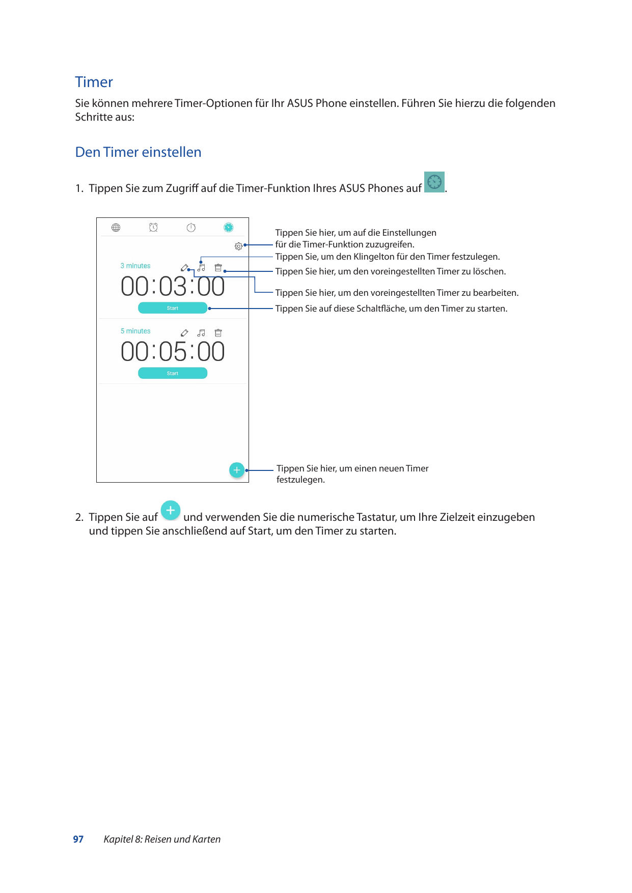 TimerSie können mehrere Timer-Optionen für Ihr ASUS Phone einstellen. Führen Sie hierzu die folgendenSchritte aus:Den Timer eins