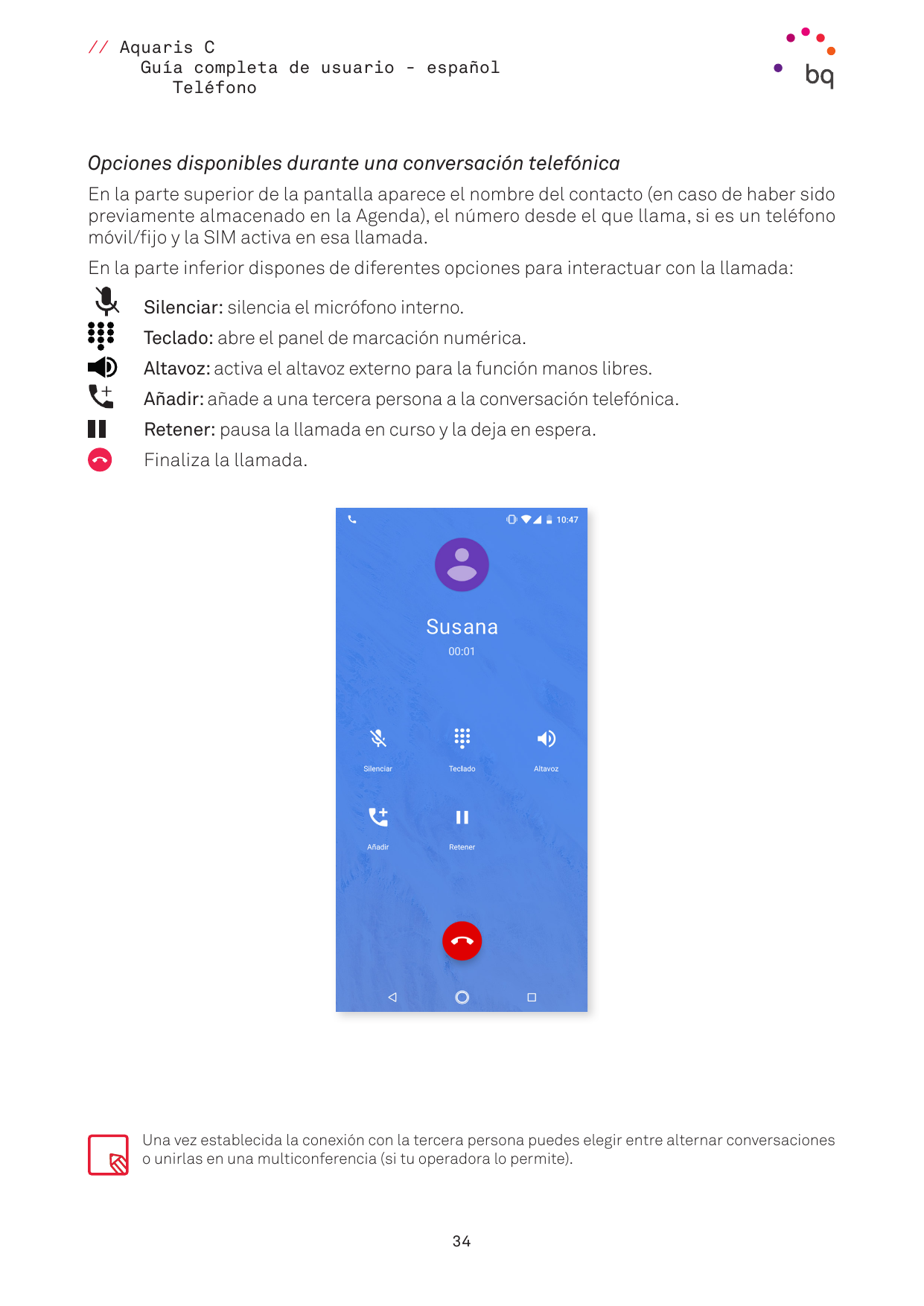// Aquaris CGuía completa de usuario - españolTeléfonoOpciones disponibles durante una conversación telefónicaEn la parte superi
