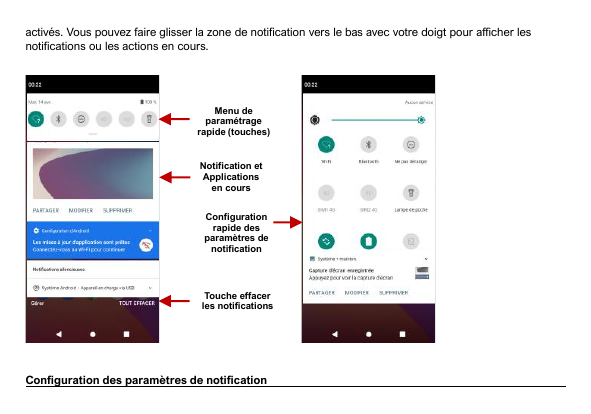 activés. Vous pouvez faire glisser la zone de notification vers le bas avec votre doigt pour afficher lesnotifications ou les ac