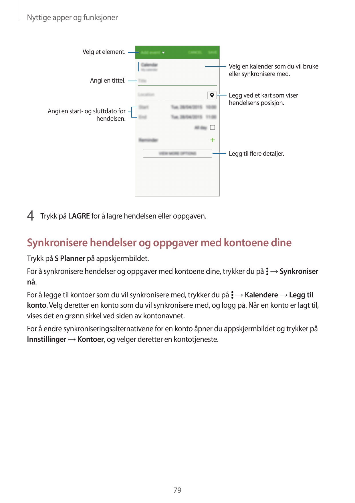 Nyttige apper og funksjonerVelg et element.Velg en kalender som du vil brukeeller synkronisere med.Angi en tittel.Legg ved et ka