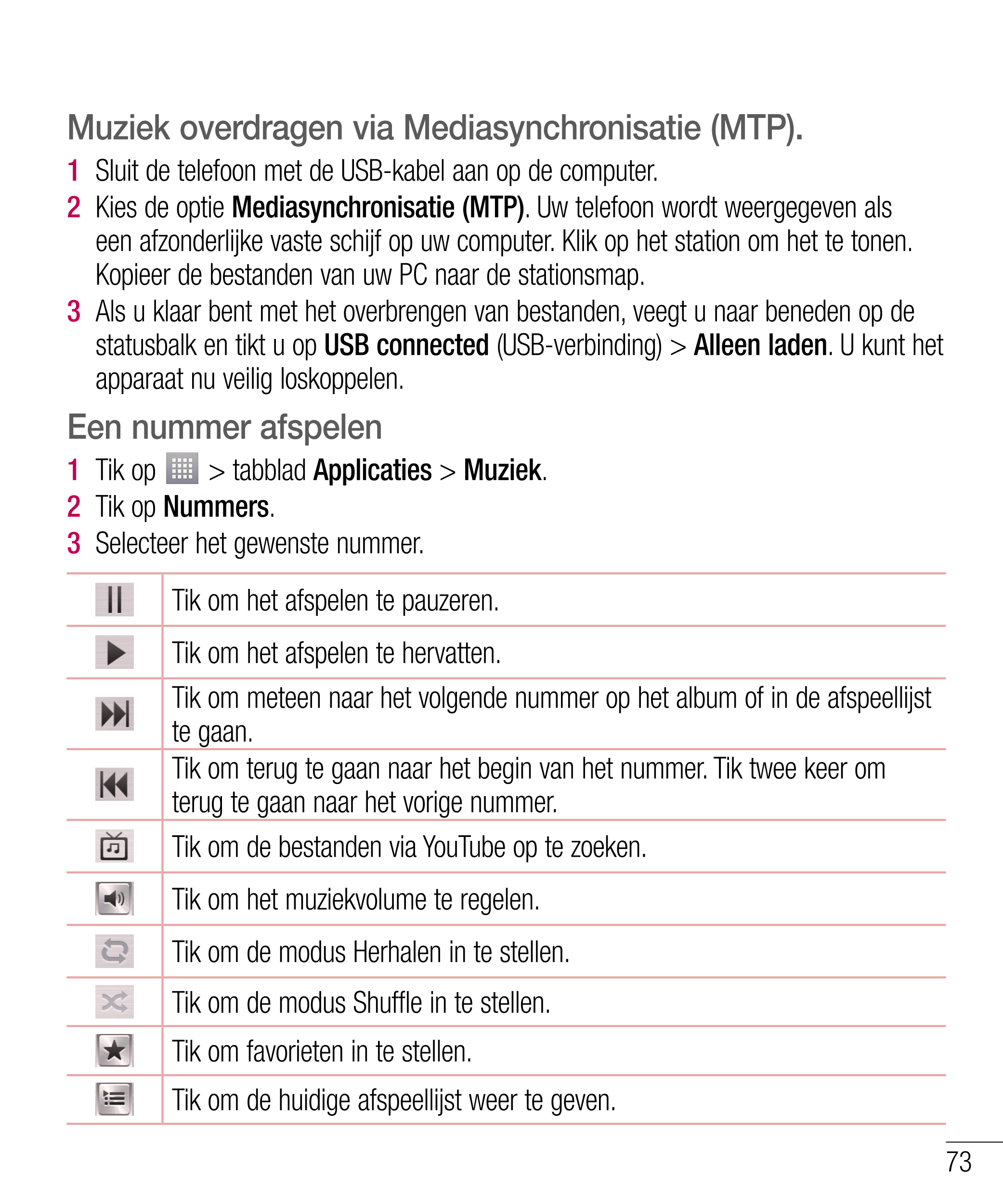 Muziek overdragen via Mediasynchronisatie (MTP).
1    Sluit de telefoon met de USB-kabel aan op de computer.
2    Kies de optie 