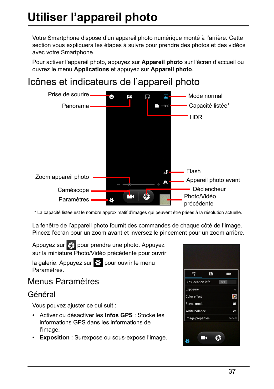 Utiliser l’appareil photoVotre Smartphone dispose d’un appareil photo numérique monté à l’arrière. Cettesection vous expliquera 