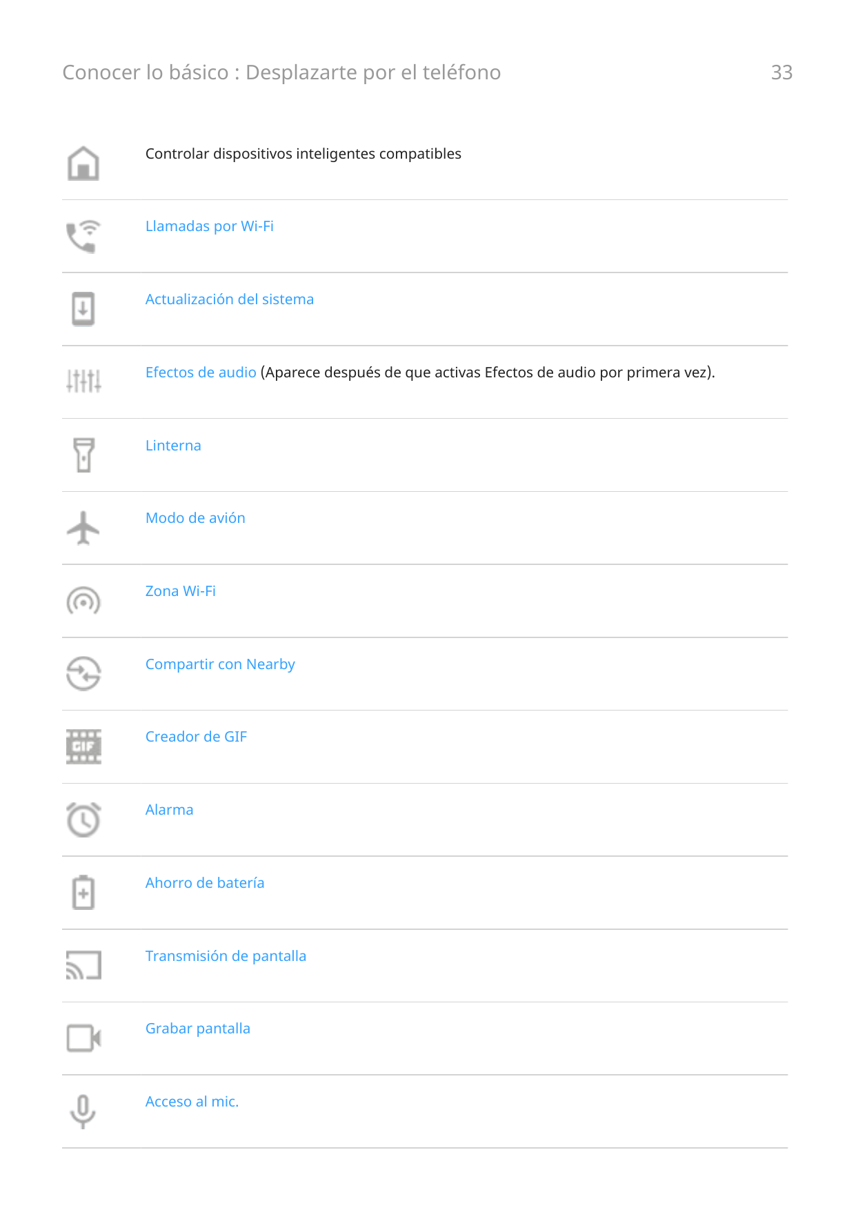 Conocer lo básico : Desplazarte por el teléfonoControlar dispositivos inteligentes compatiblesLlamadas por Wi-FiActualización de