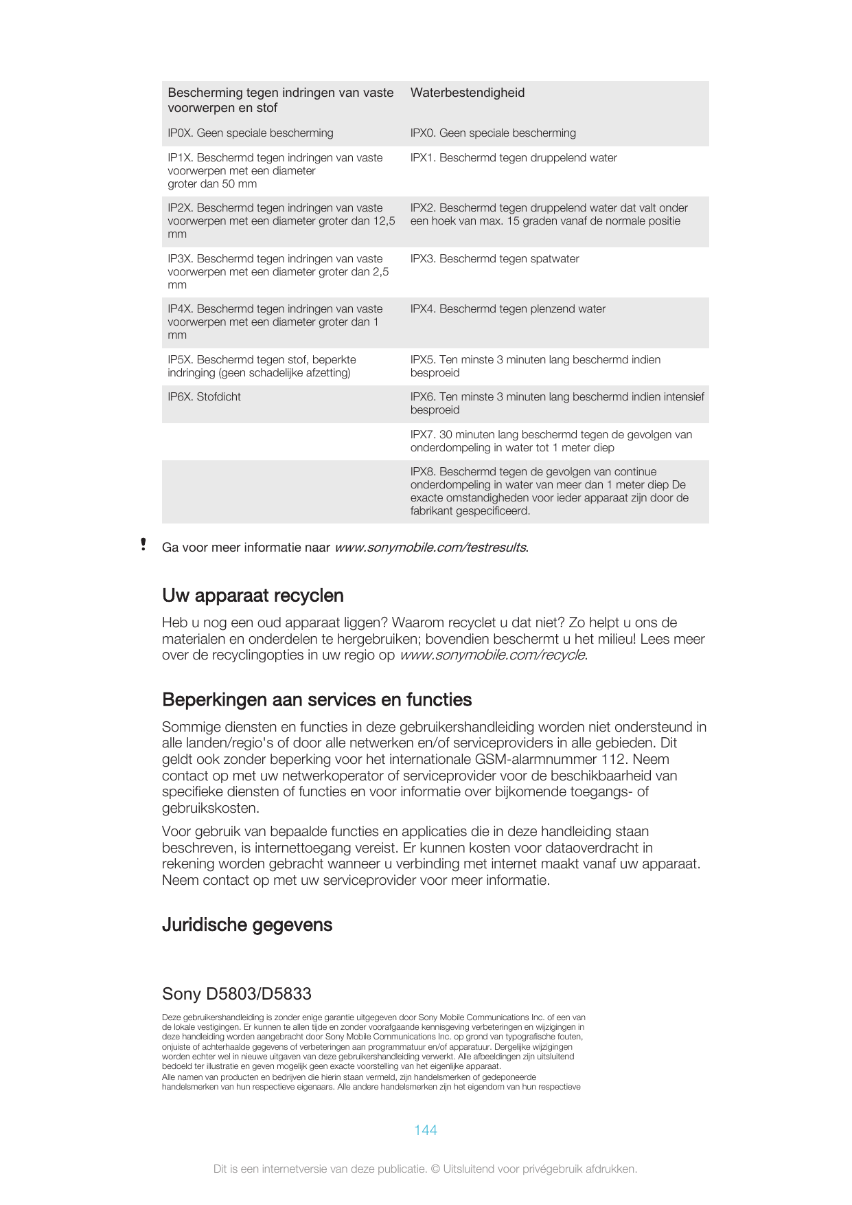 Bescherming tegen indringen van vastevoorwerpen en stofWaterbestendigheidIP0X. Geen speciale beschermingIPX0. Geen speciale besc