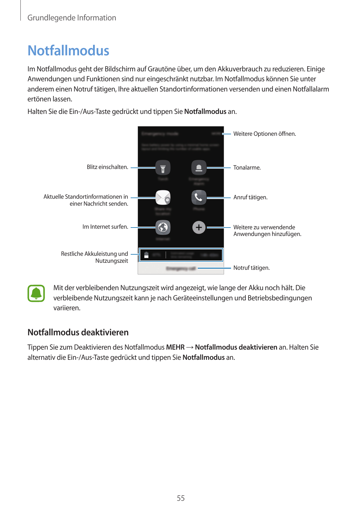 Grundlegende InformationNotfallmodusIm Notfallmodus geht der Bildschirm auf Grautöne über, um den Akkuverbrauch zu reduzieren. E