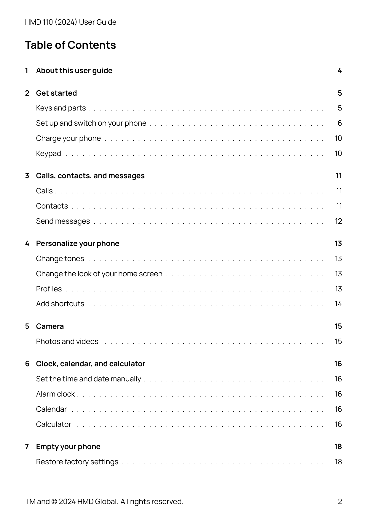 HMD 110 (2024) User GuideTable of Contents1About this user guide2 Get started45Keys and parts . . . . . . . . . . . . . . . . . 