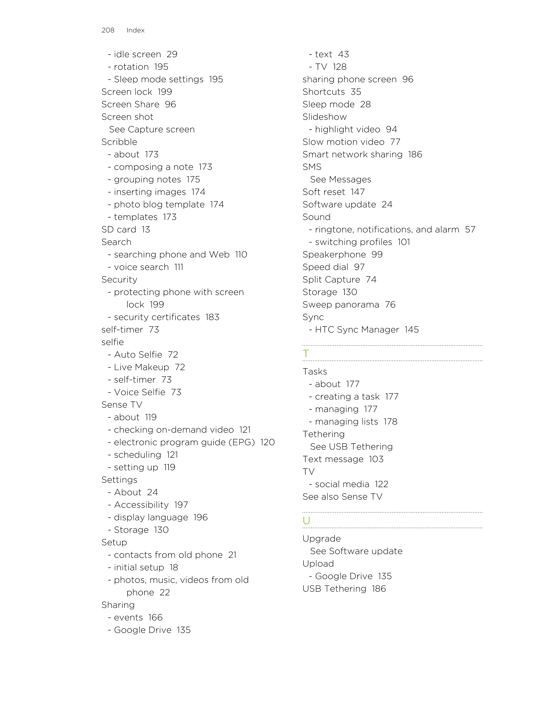 208      Index
- idle screen  29 - text  43
- rotation  195 - TV  128
- Sleep mode settings  195 sharing phone screen  96
Screen