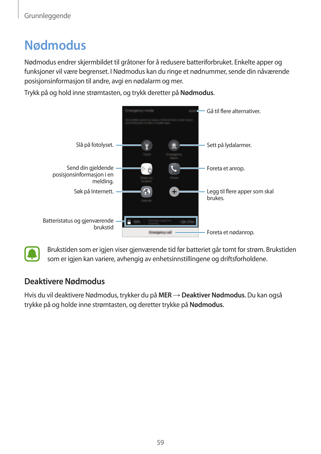 GrunnleggendeNødmodusNødmodus endrer skjermbildet til gråtoner for å redusere batteriforbruket. Enkelte apper ogfunksjoner vil v