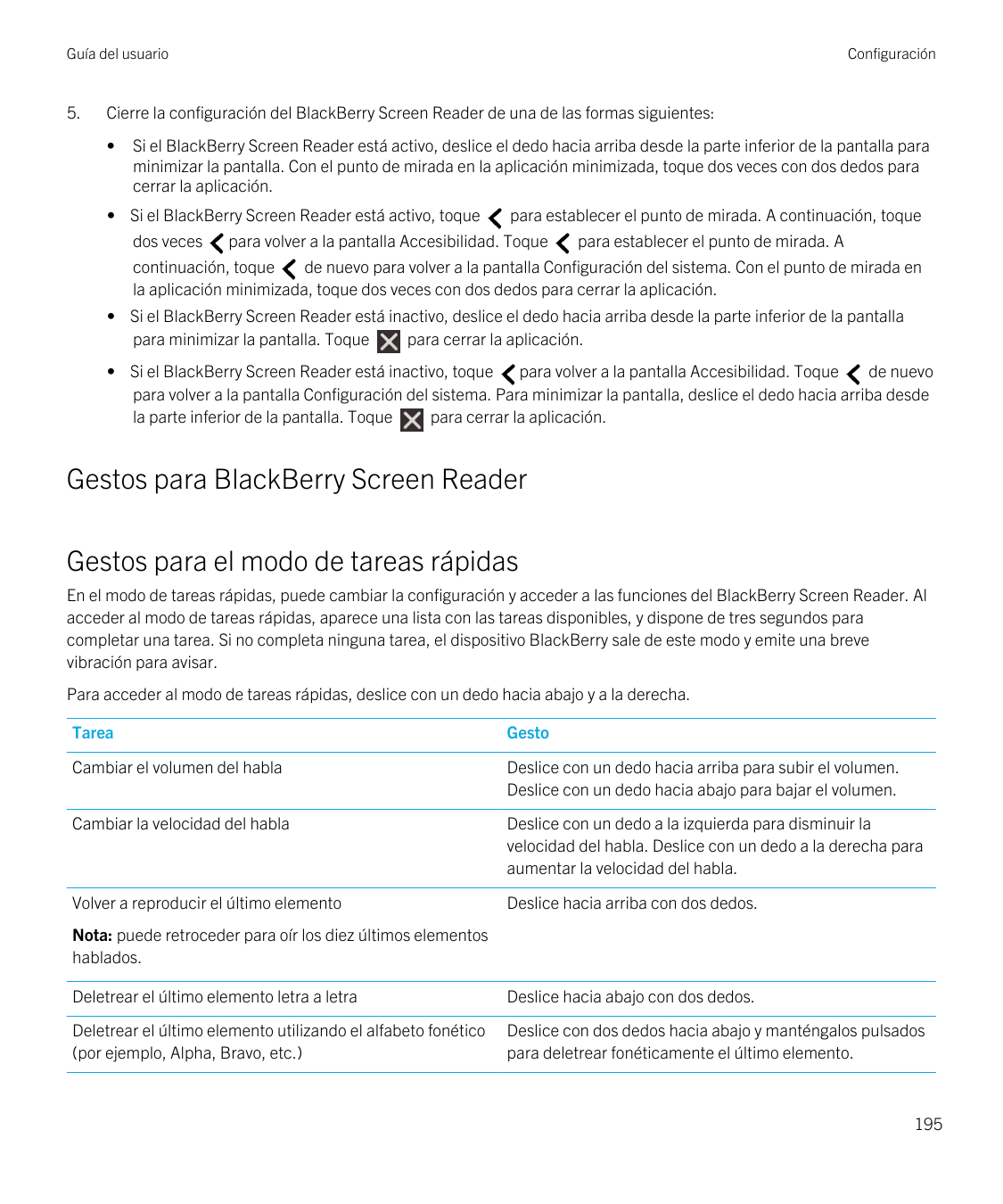 Guía del usuario5.ConfiguraciónCierre la configuración del BlackBerry Screen Reader de una de las formas siguientes:•Si el Black