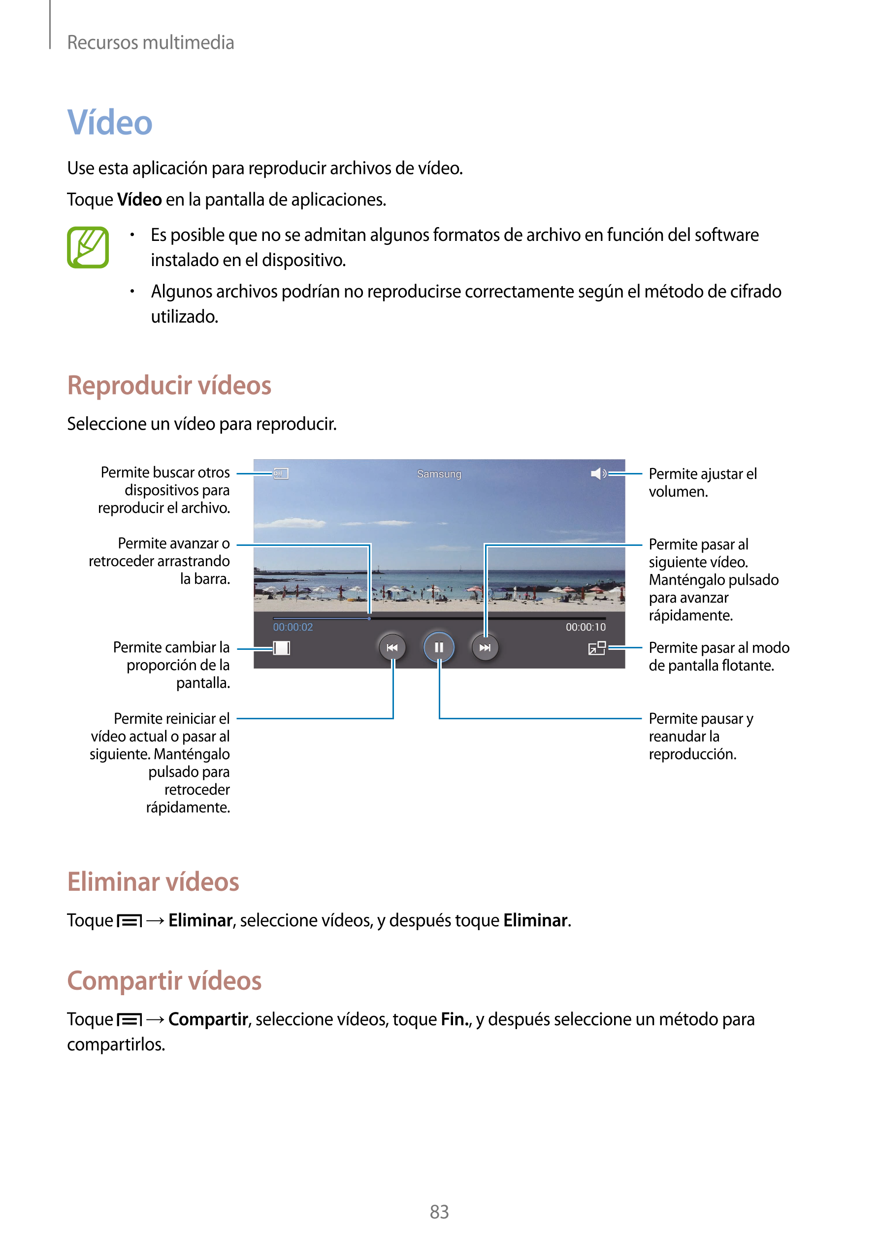 Recursos multimedia
Vídeo
Use esta aplicación para reproducir archivos de vídeo.
Toque  Vídeo en la pantalla de aplicaciones.
• 