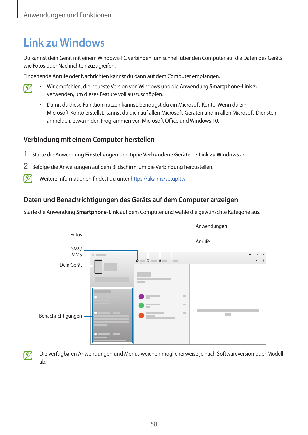 Anwendungen und FunktionenLink zu WindowsDu kannst dein Gerät mit einem Windows-PC verbinden, um schnell über den Computer auf d