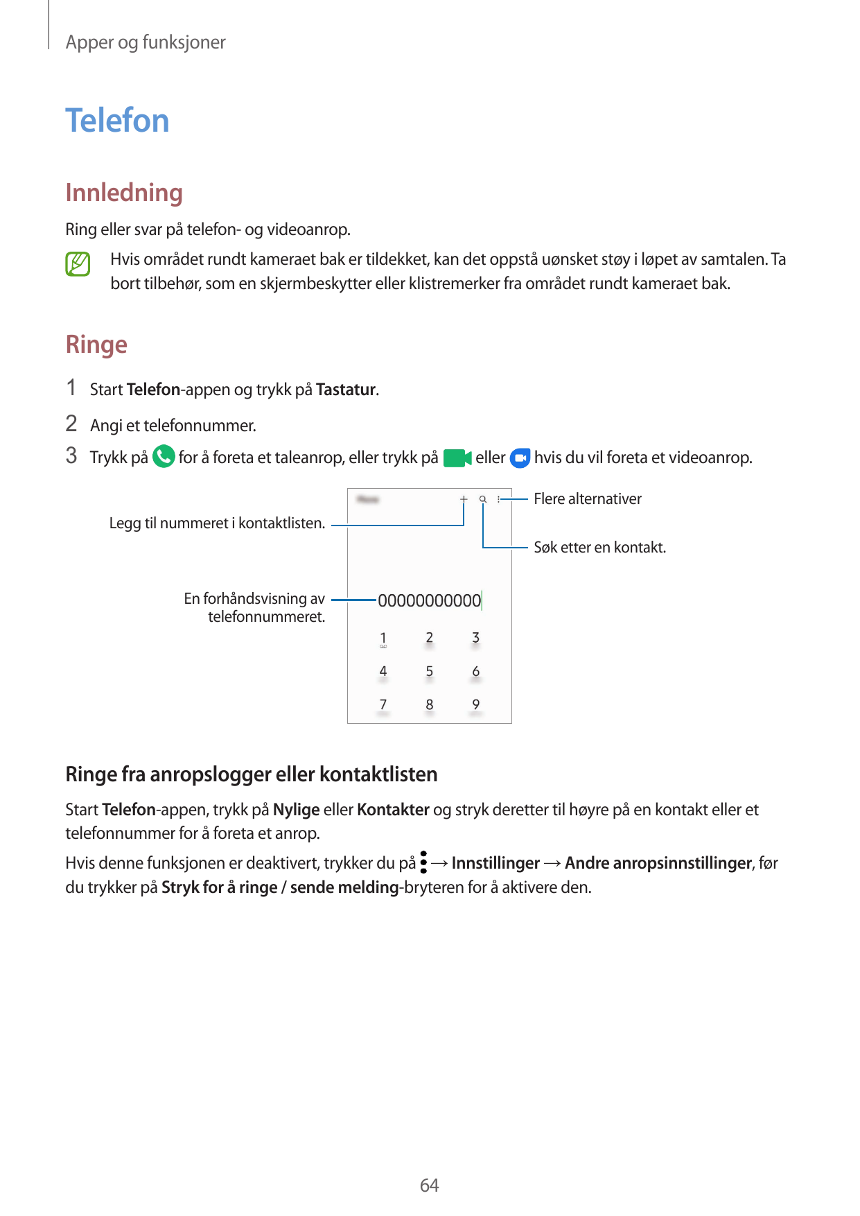 Apper og funksjonerTelefonInnledningRing eller svar på telefon- og videoanrop.Hvis området rundt kameraet bak er tildekket, kan 