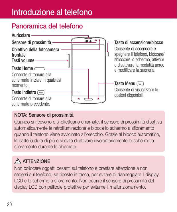 Introduzione al telefonoPanoramica del telefonoAuricolareSensore di prossimitàObiettivo della fotocamerafrontaleTasti volumeTast