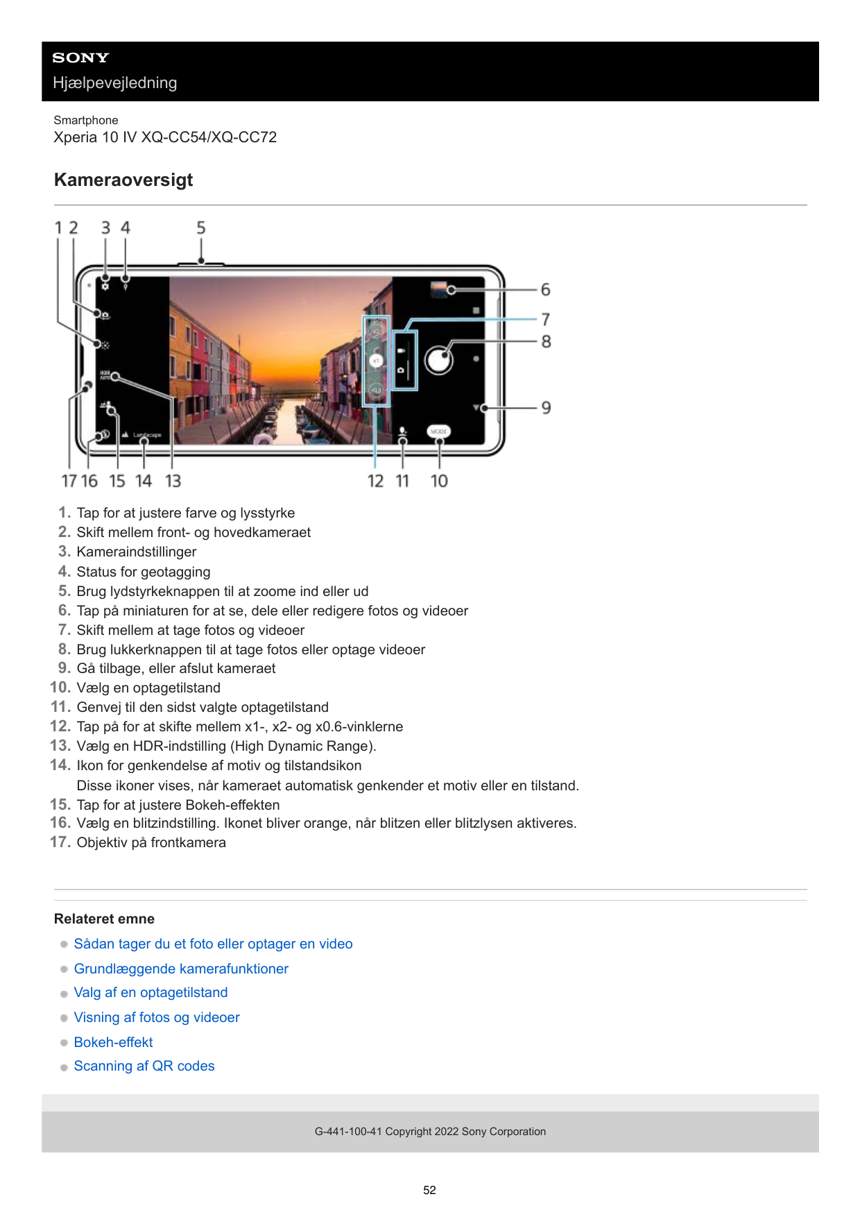 HjælpevejledningSmartphoneXperia 10 IV XQ-CC54/XQ-CC72Kameraoversigt1.2.3.4.5.6.7.8.9.10.11.12.13.14.Tap for at justere farve og