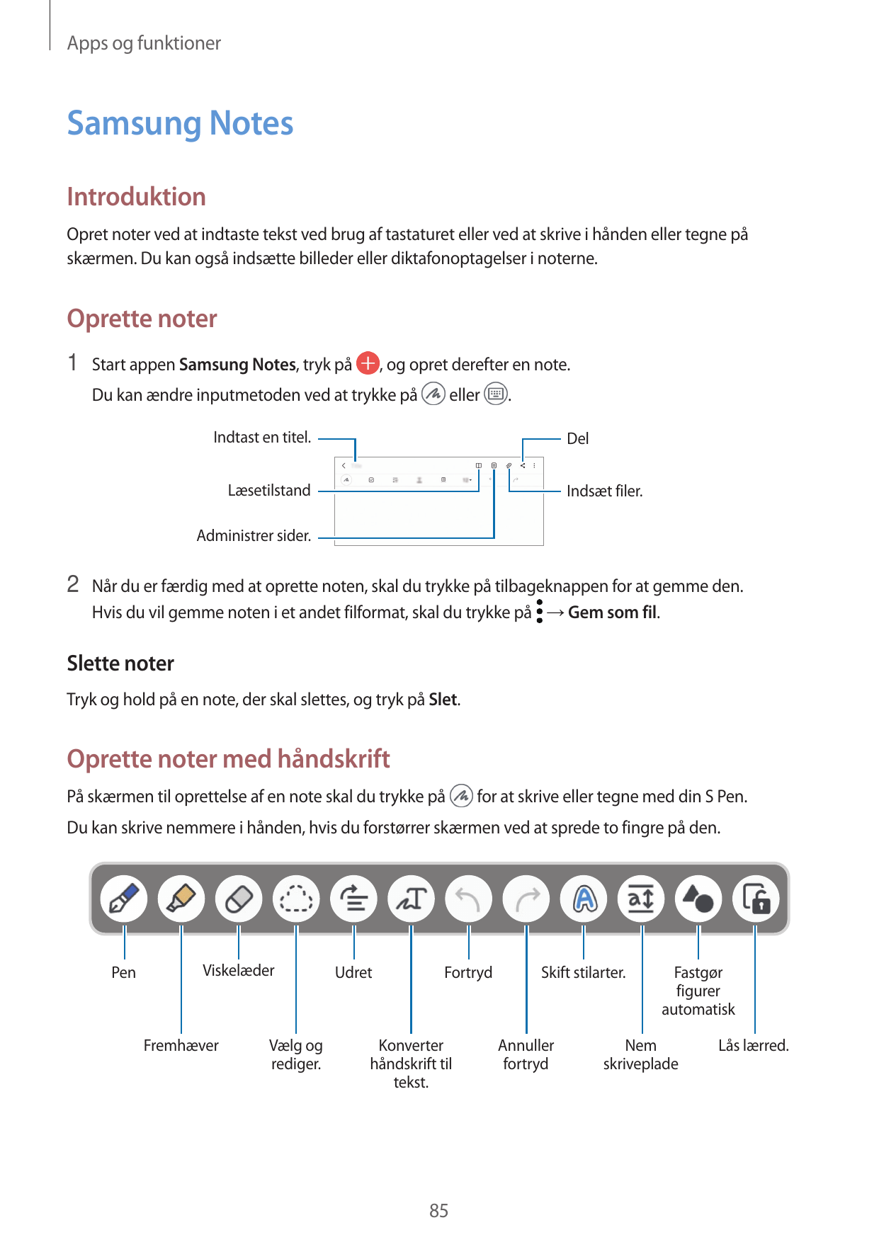 Apps og funktionerSamsung NotesIntroduktionOpret noter ved at indtaste tekst ved brug af tastaturet eller ved at skrive i hånden