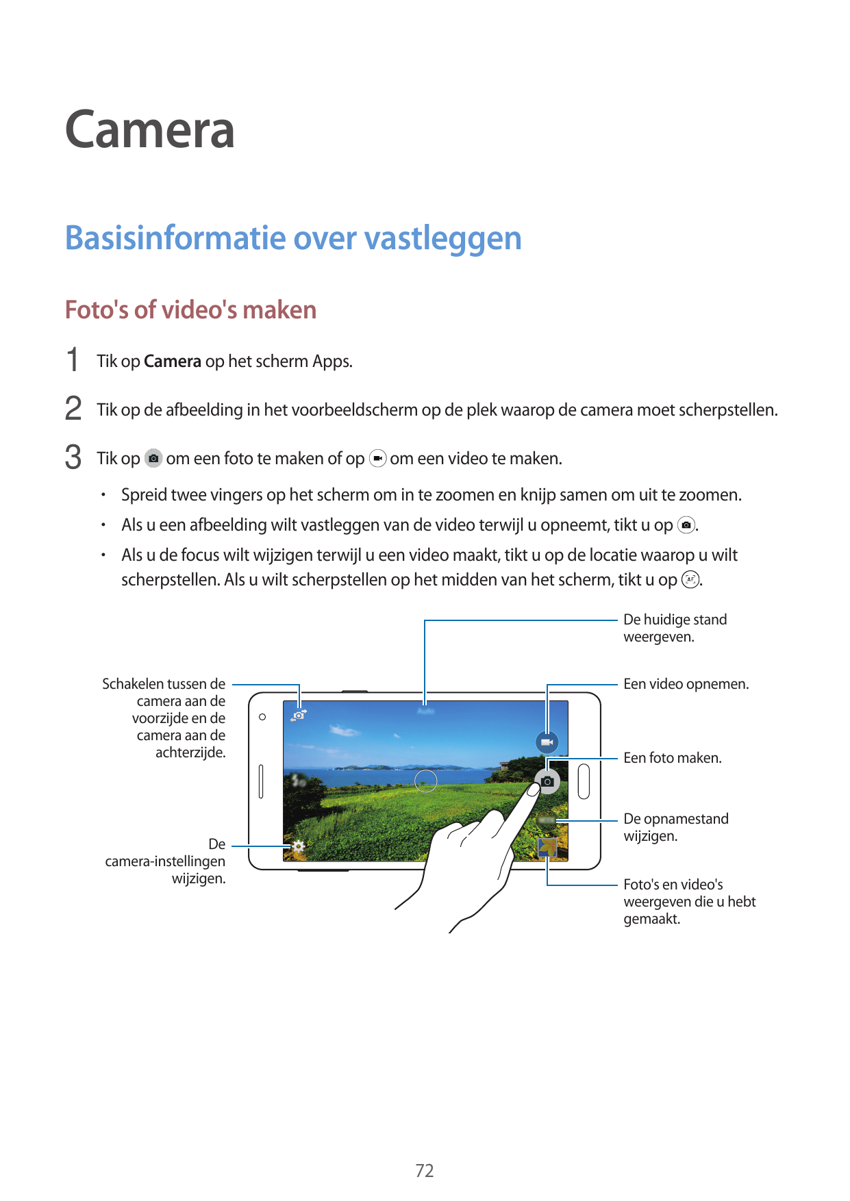 CameraBasisinformatie over vastleggenFoto's of video's maken1 Tik op Camera op het scherm Apps.2 Tik op de afbeelding in het voo