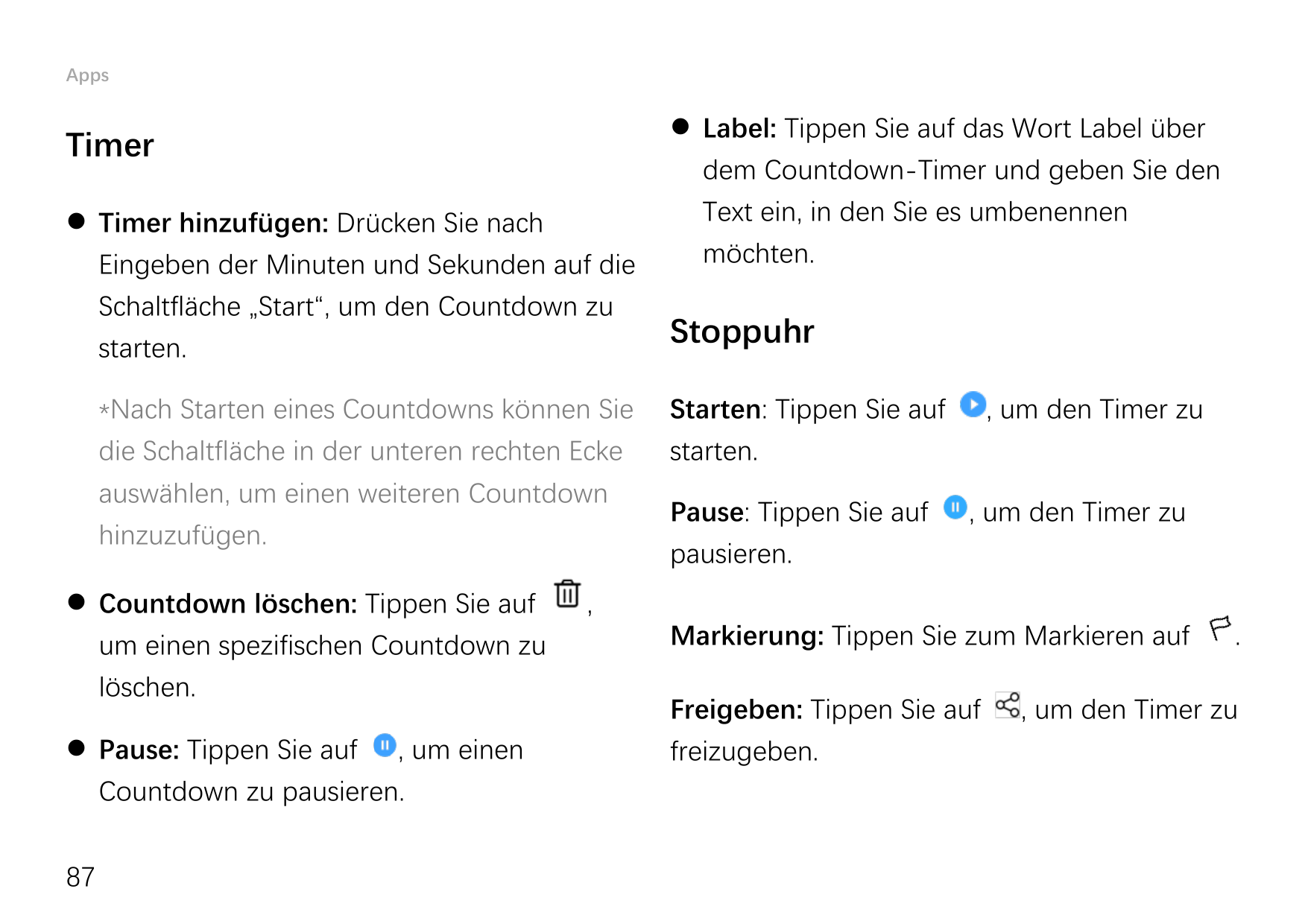 AppsTimer Timer hinzufügen: Drücken Sie nachEingeben der Minuten und Sekunden auf dieSchaltfläche „Start“, um den Countdown zus