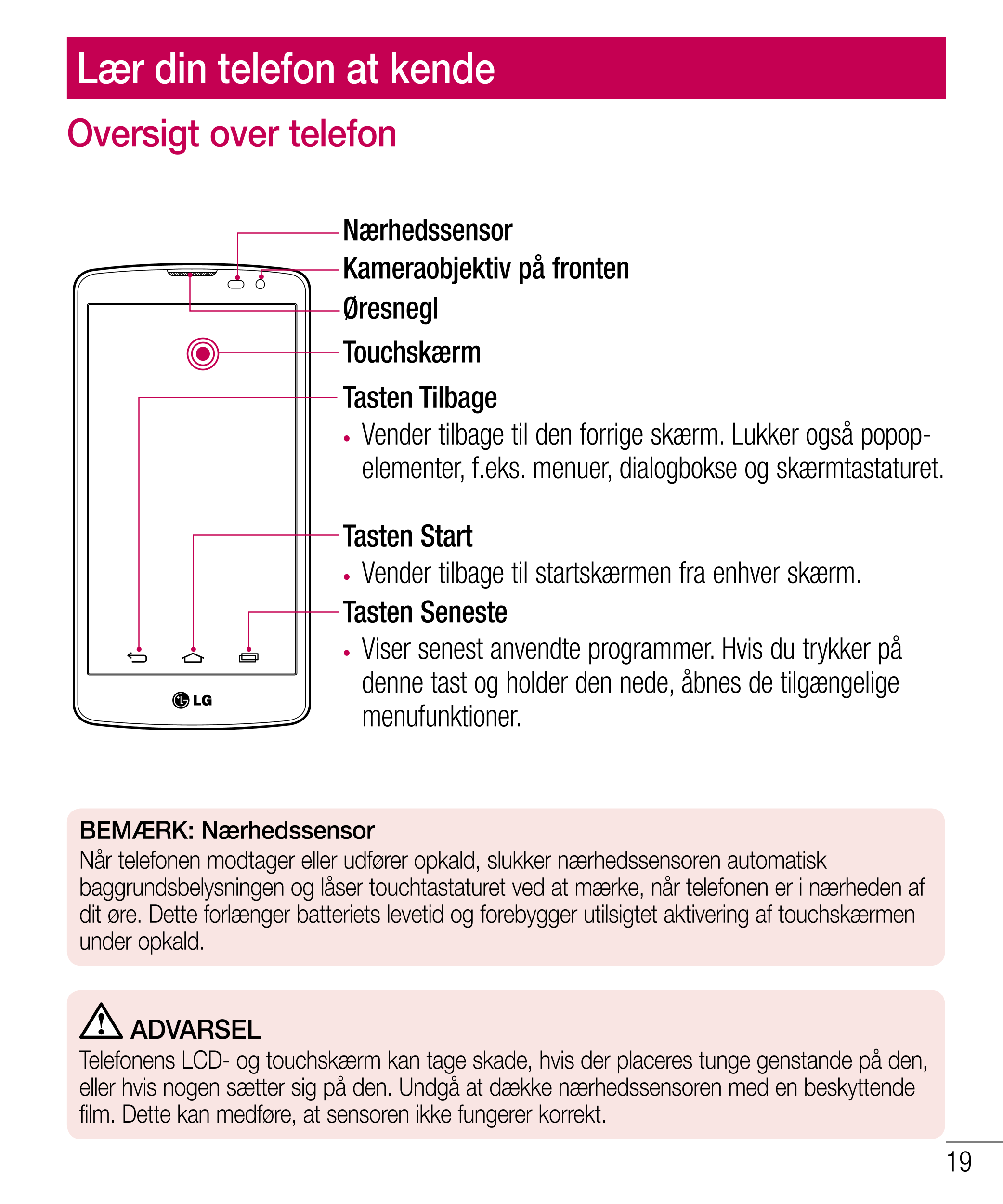 Lær din telefon at kende
Oversigt over telefon
Nærhedssensor
Kameraobjektiv på fronten
Øresnegl
Touchskærm
Tasten Tilbage 
•  Ve