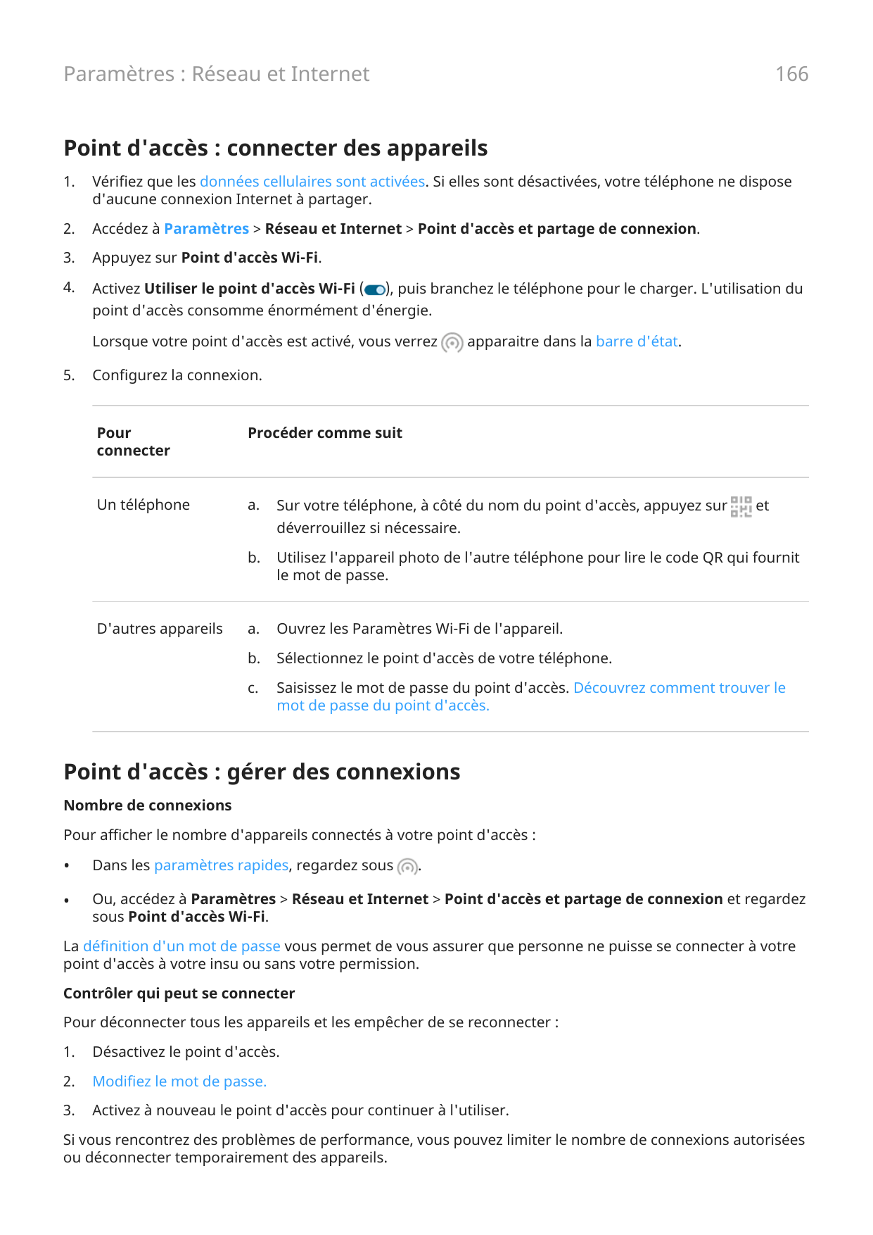 166Paramètres : Réseau et InternetPoint d'accès : connecter des appareils1.Vérifiez que les données cellulaires sont activées. S