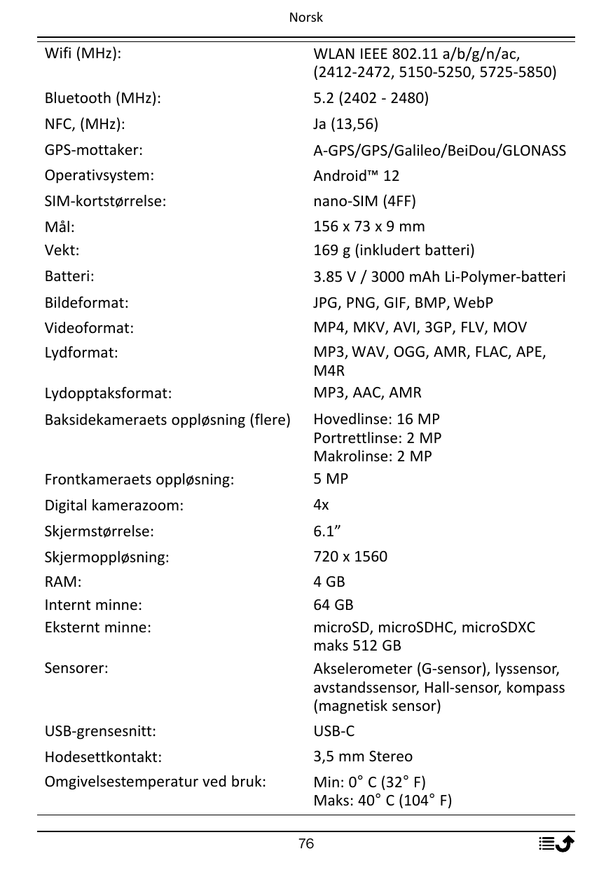 NorskWifi (MHz):WLAN IEEE 802.11 a/b/g/n/ac,(2412-2472, 5150-5250, 5725-5850)Bluetooth (MHz):5.2 (2402 - 2480)NFC, (MHz):Ja (13,