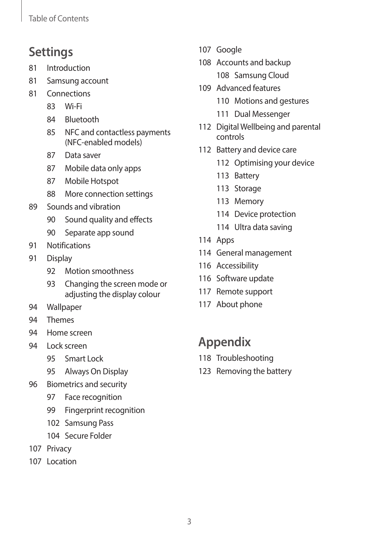 Table of ContentsSettings107Google108 Accounts and backup108 Samsung Cloud109 Advanced features110 Motions and gestures111 Dual 