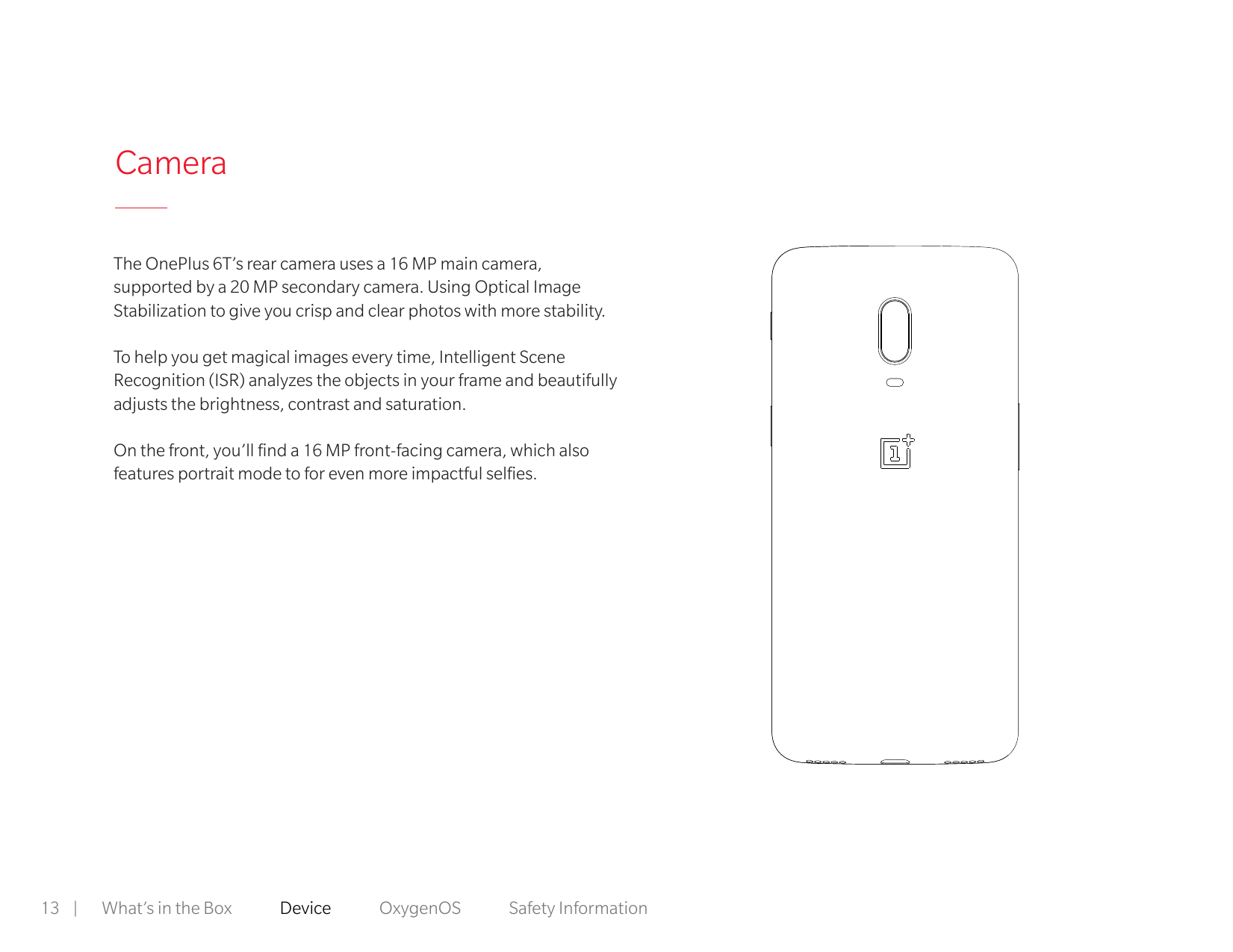 CameraThe OnePlus 6T’s rear camera uses a 16 MP main camera,supported by a 20 MP secondary camera. Using Optical ImageStabilizat