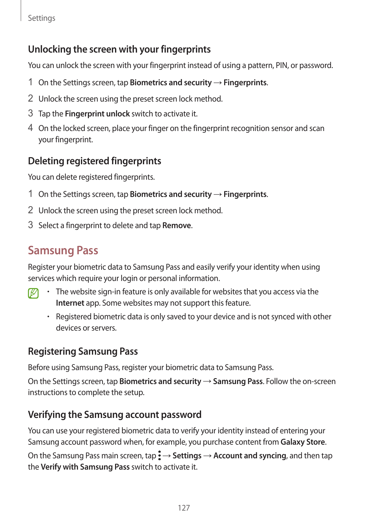 SettingsUnlocking the screen with your fingerprintsYou can unlock the screen with your fingerprint instead of using a pattern, P