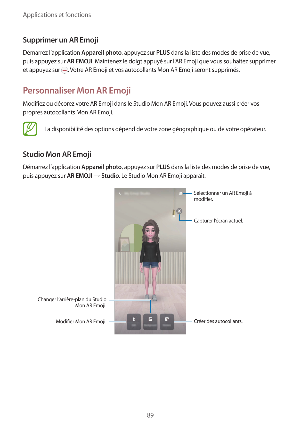Applications et fonctionsSupprimer un AR EmojiDémarrez l’application Appareil photo, appuyez sur PLUS dans la liste des modes de