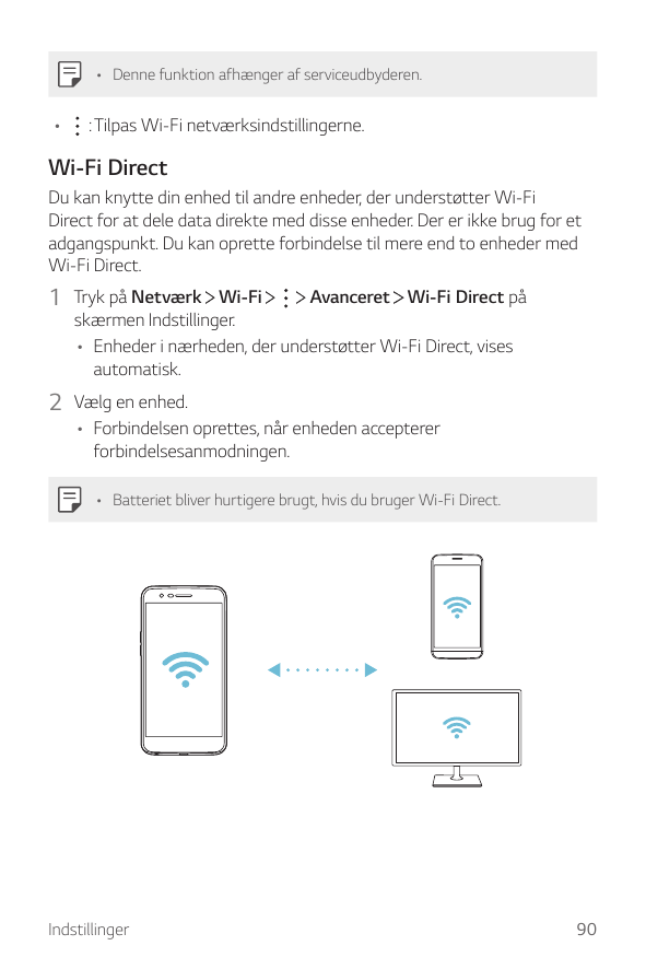 • Denne funktion afhænger af serviceudbyderen.•: Tilpas Wi-Fi netværksindstillingerne.Wi-Fi DirectDu kan knytte din enhed til an
