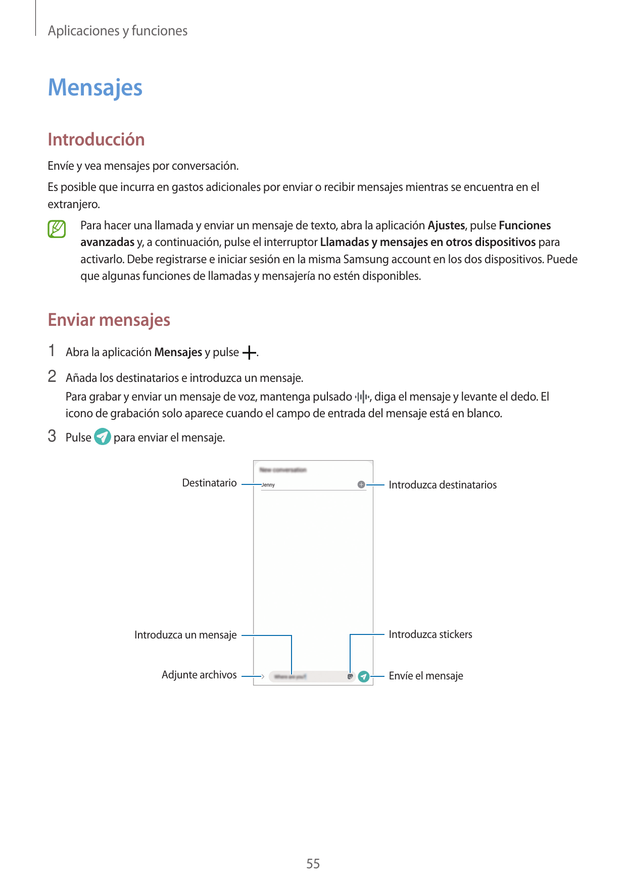 Aplicaciones y funcionesMensajesIntroducciónEnvíe y vea mensajes por conversación.Es posible que incurra en gastos adicionales p