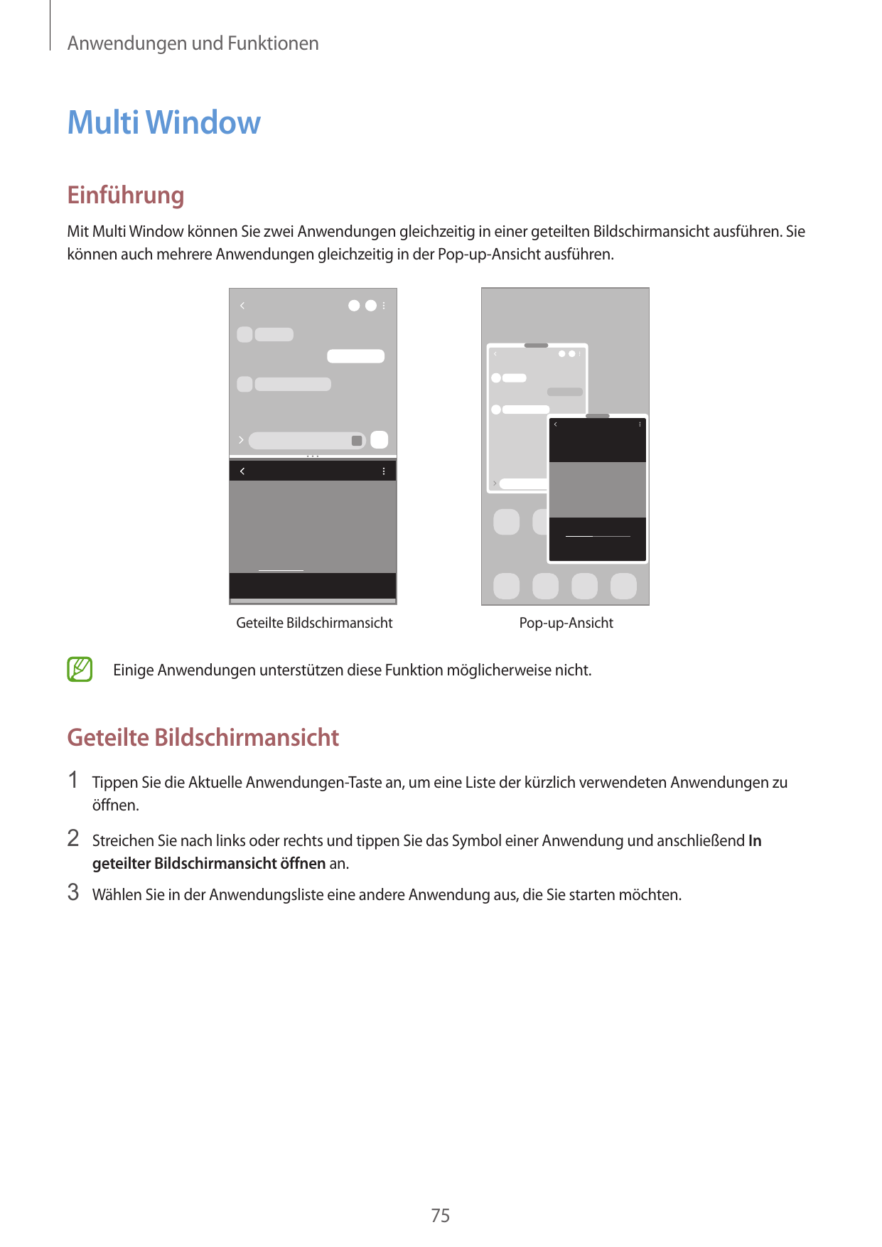 Anwendungen und FunktionenMulti WindowEinführungMit Multi Window können Sie zwei Anwendungen gleichzeitig in einer geteilten Bil