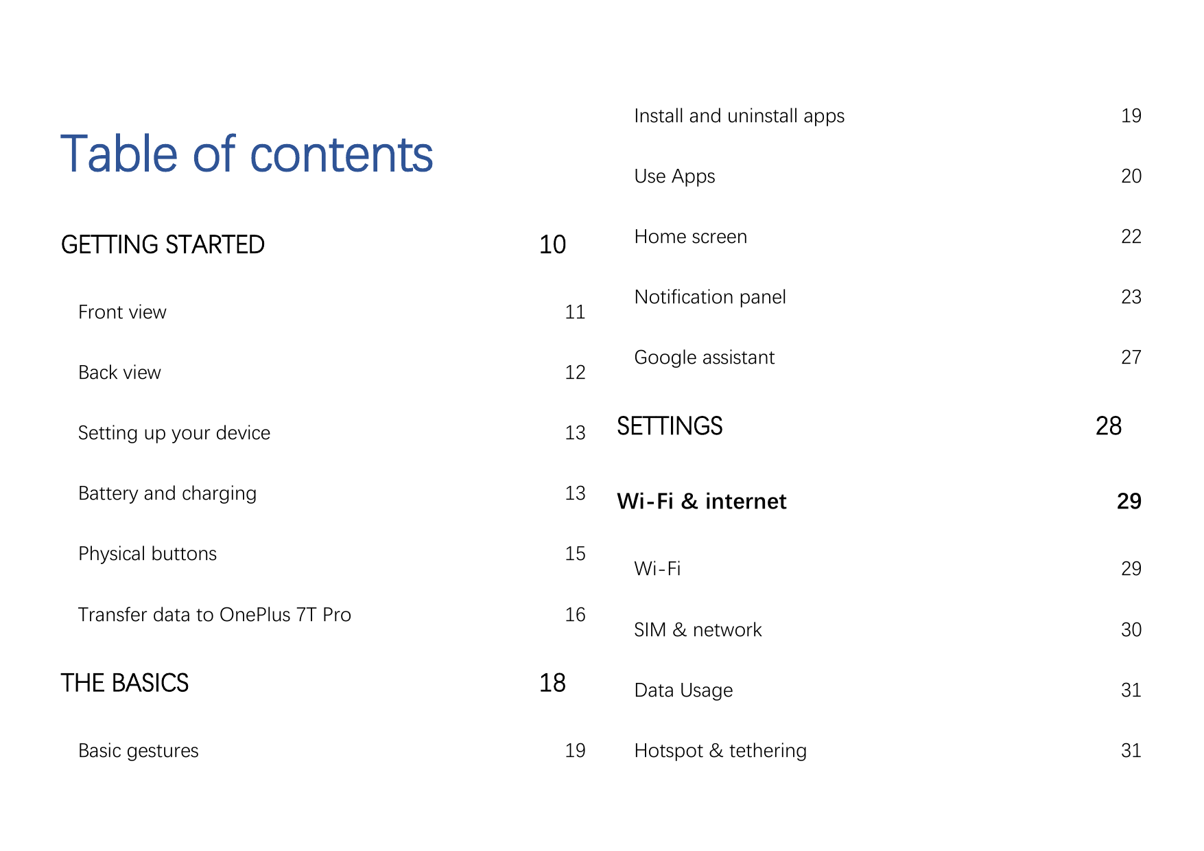 Table of contentsGETTING STARTED10Install and uninstall apps19Use Apps20Home screen22Notification panel23Google assistant27Front