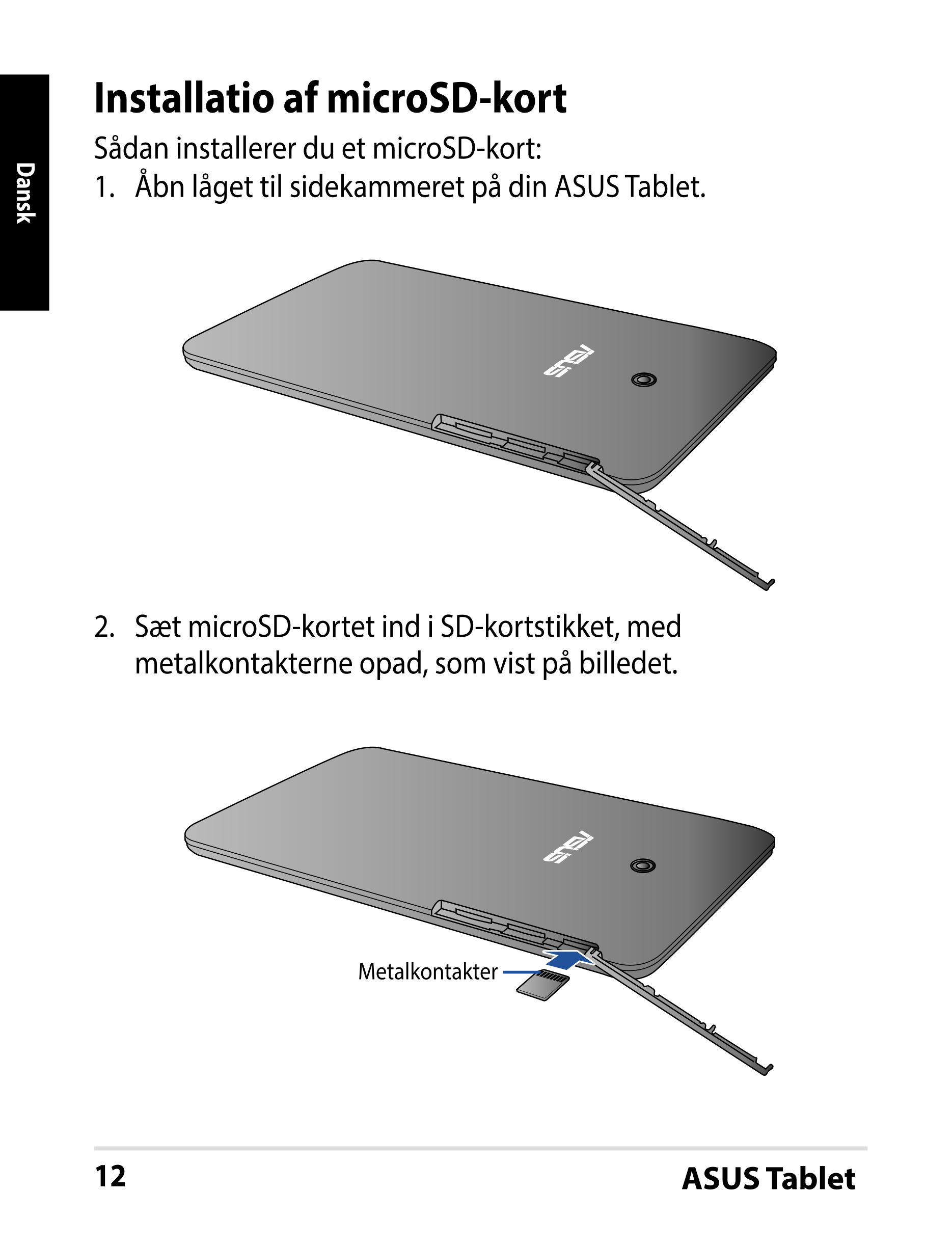 Installatio af microSD-kort
Sådan installerer du et microSD-kort:
Dansk
1.  Åbn låget til sidekammeret på din ASUS Tablet.
2.  S