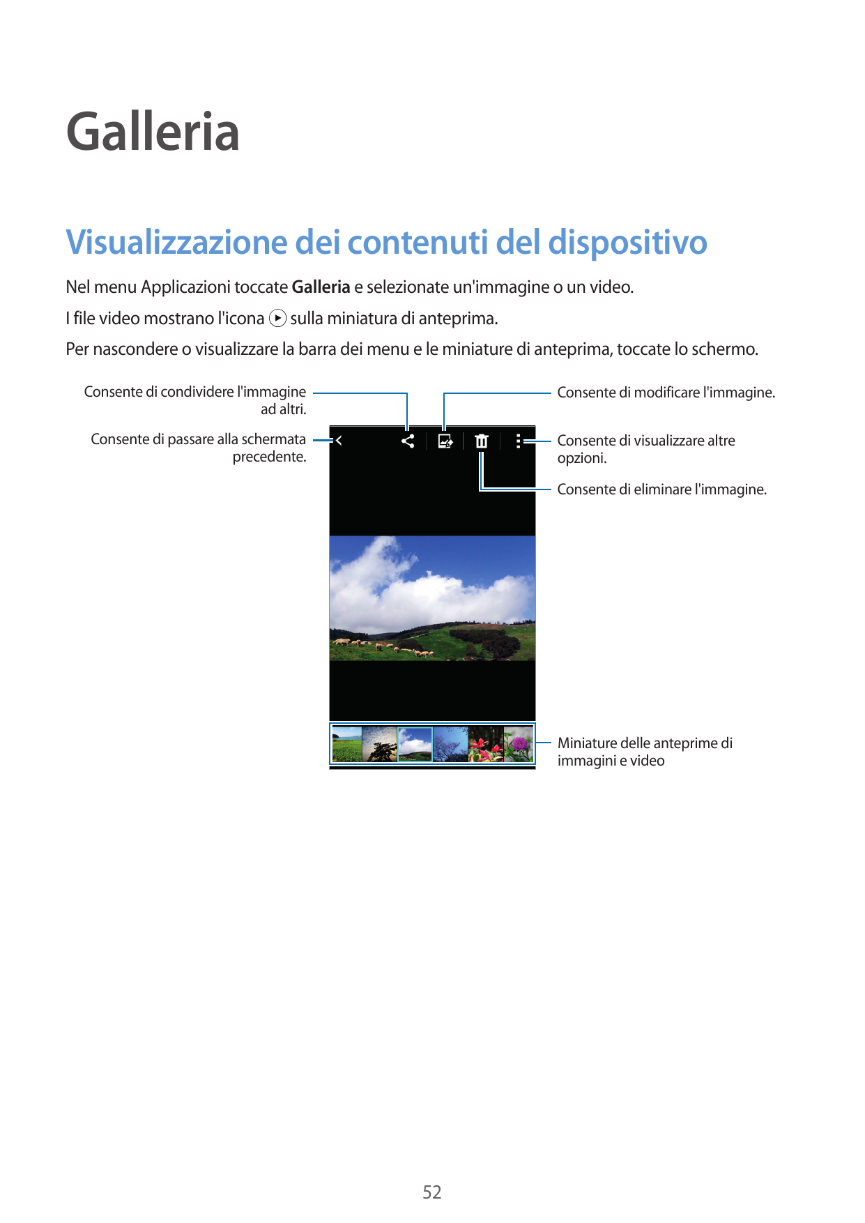 GalleriaVisualizzazione dei contenuti del dispositivoNel menu Applicazioni toccate Galleria e selezionate un'immagine o un video