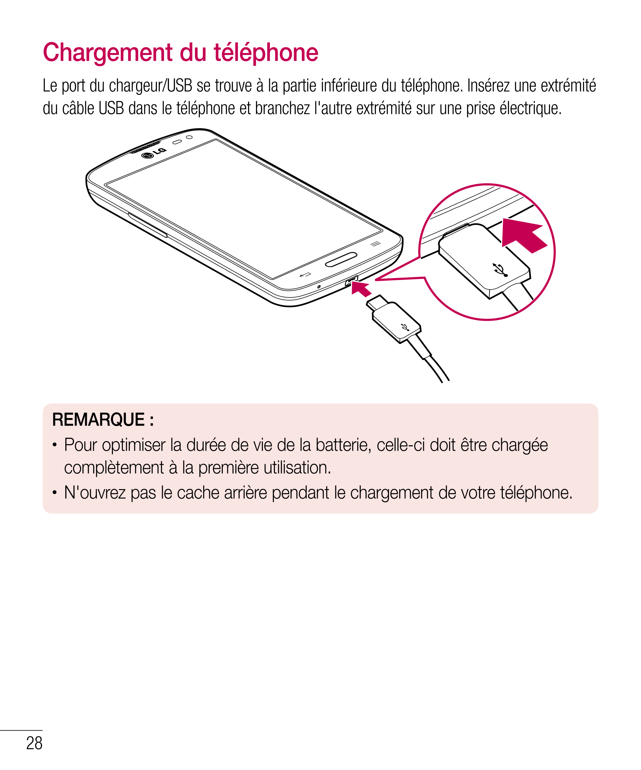 Chargement du téléphone
Le port du chargeur/USB se trouve à la partie inférieure du téléphone. Insérez une extrémité 
du câble U