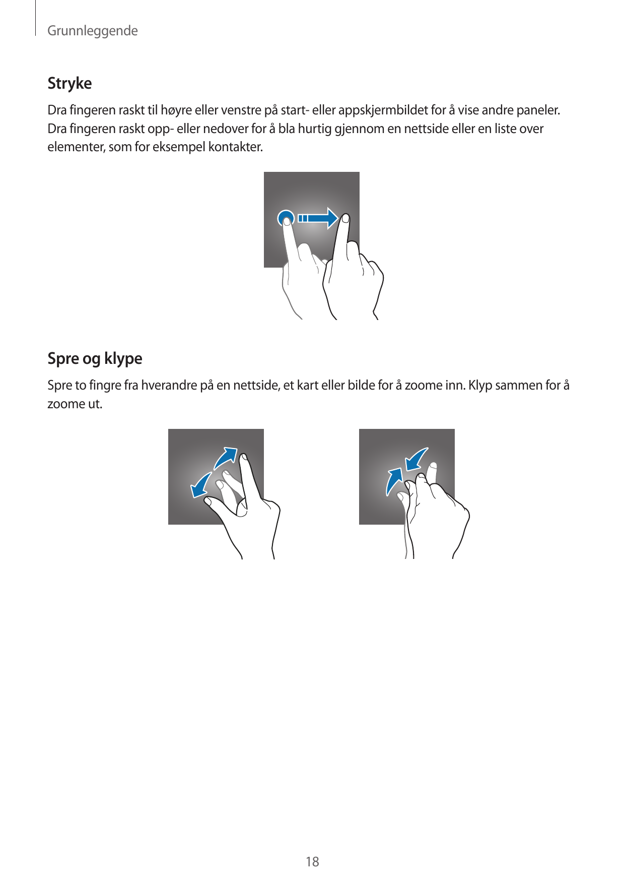 GrunnleggendeStrykeDra fingeren raskt til høyre eller venstre på start- eller appskjermbildet for å vise andre paneler.Dra finge
