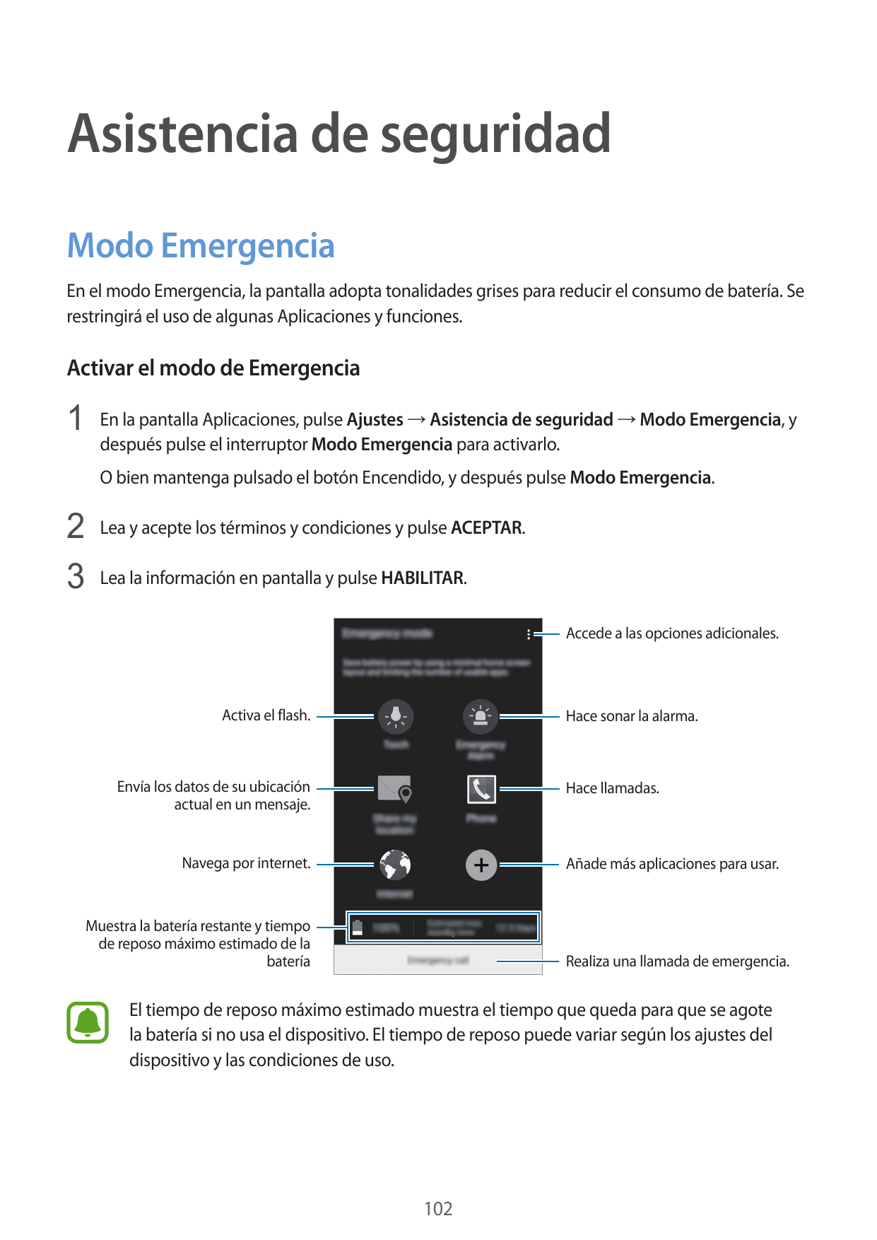 Asistencia de seguridadModo EmergenciaEn el modo Emergencia, la pantalla adopta tonalidades grises para reducir el consumo de ba