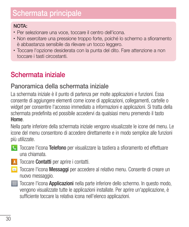 Schermata principaleNOTA:• Per selezionare una voce, toccare il centro dell'icona.• Non esercitare una pressione troppo forte, p